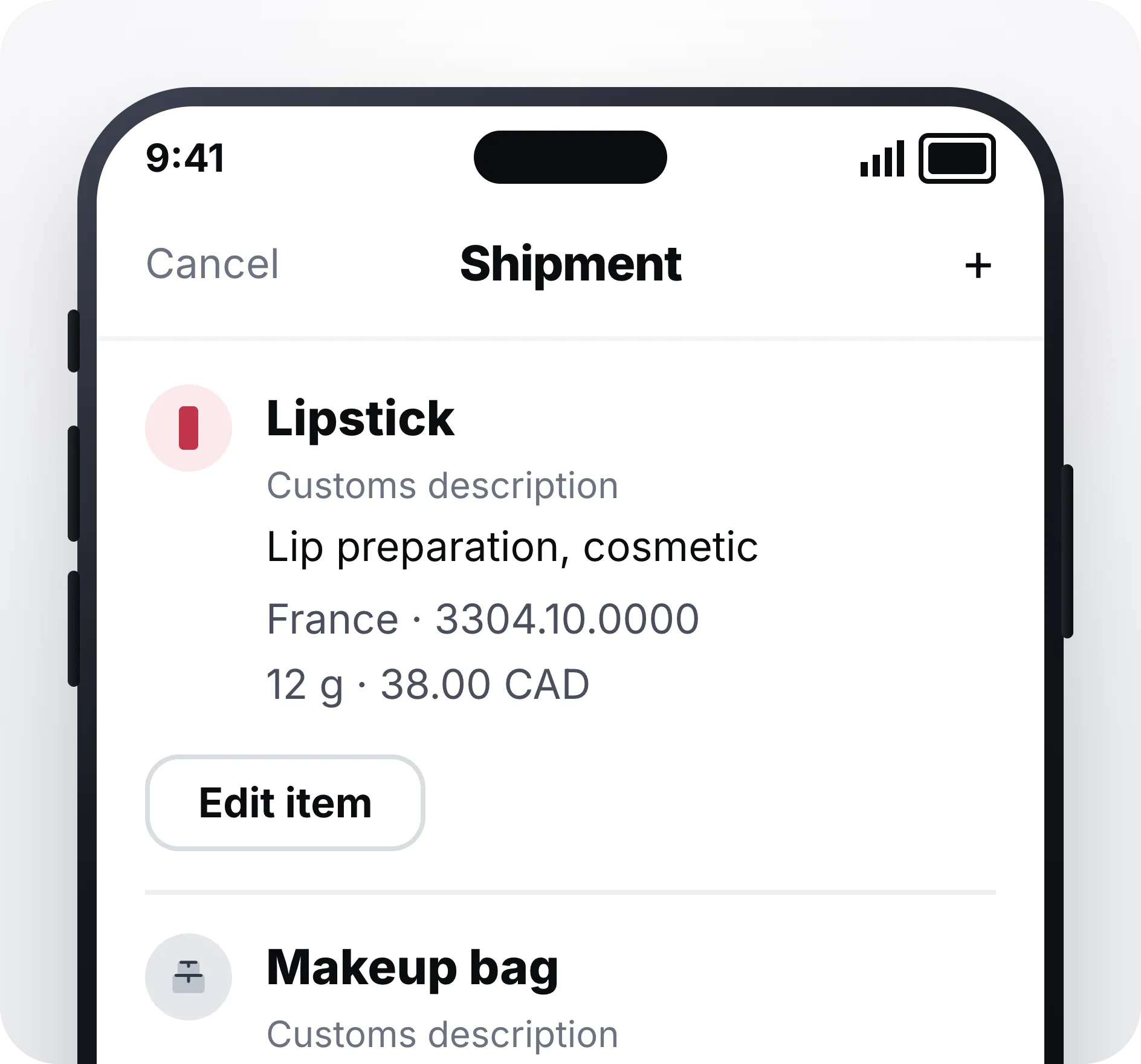 Écran d'envoi de l'application Zonos montrant un rouge à lèvres et une trousse de maquillage, avec la description douanière, le code HS et le pays d'origine
