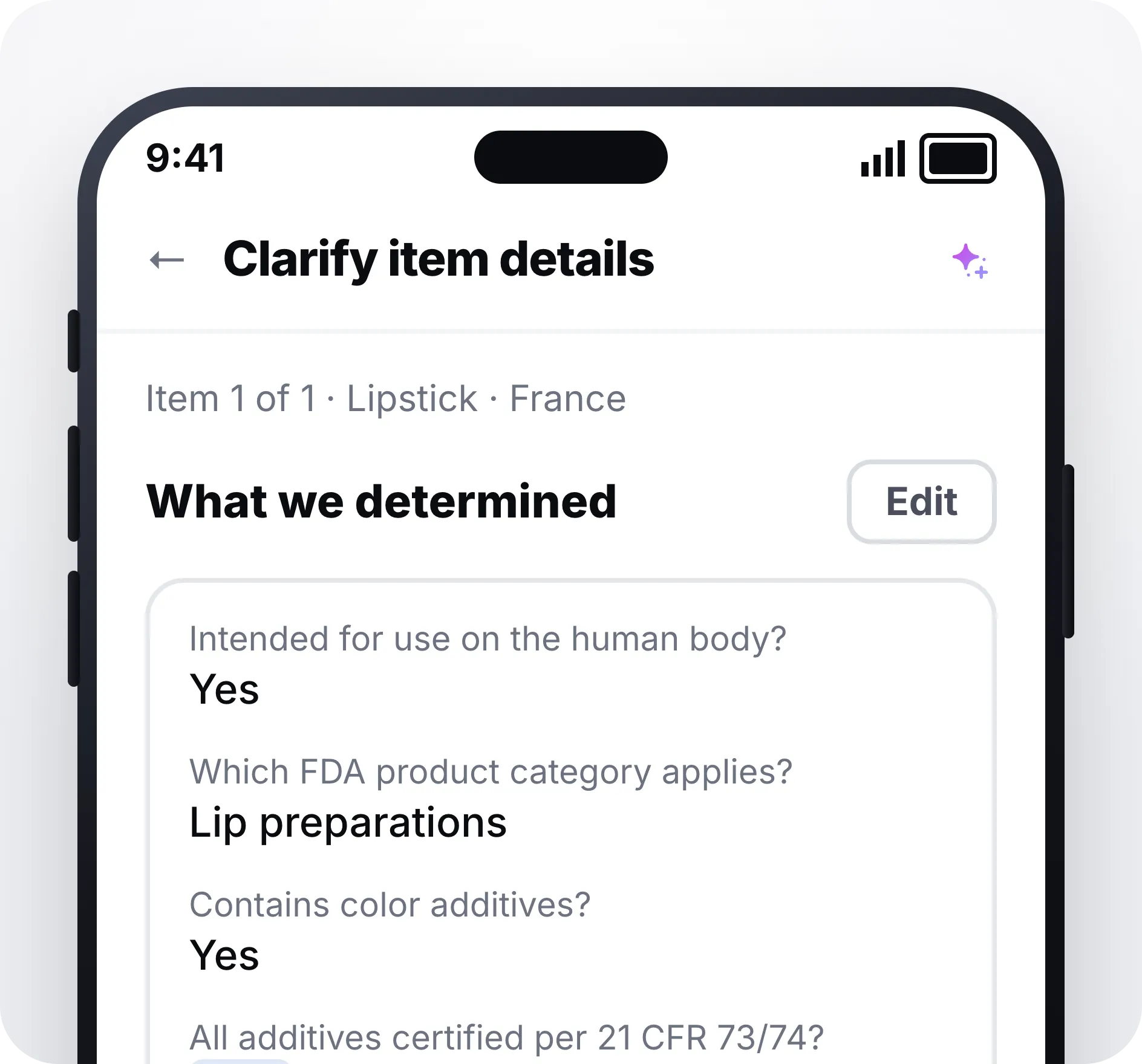 L'application Zonos montrant ce qu'elle a déterminé pour un article, notamment la catégorie de produit FDA et les additifs colorants