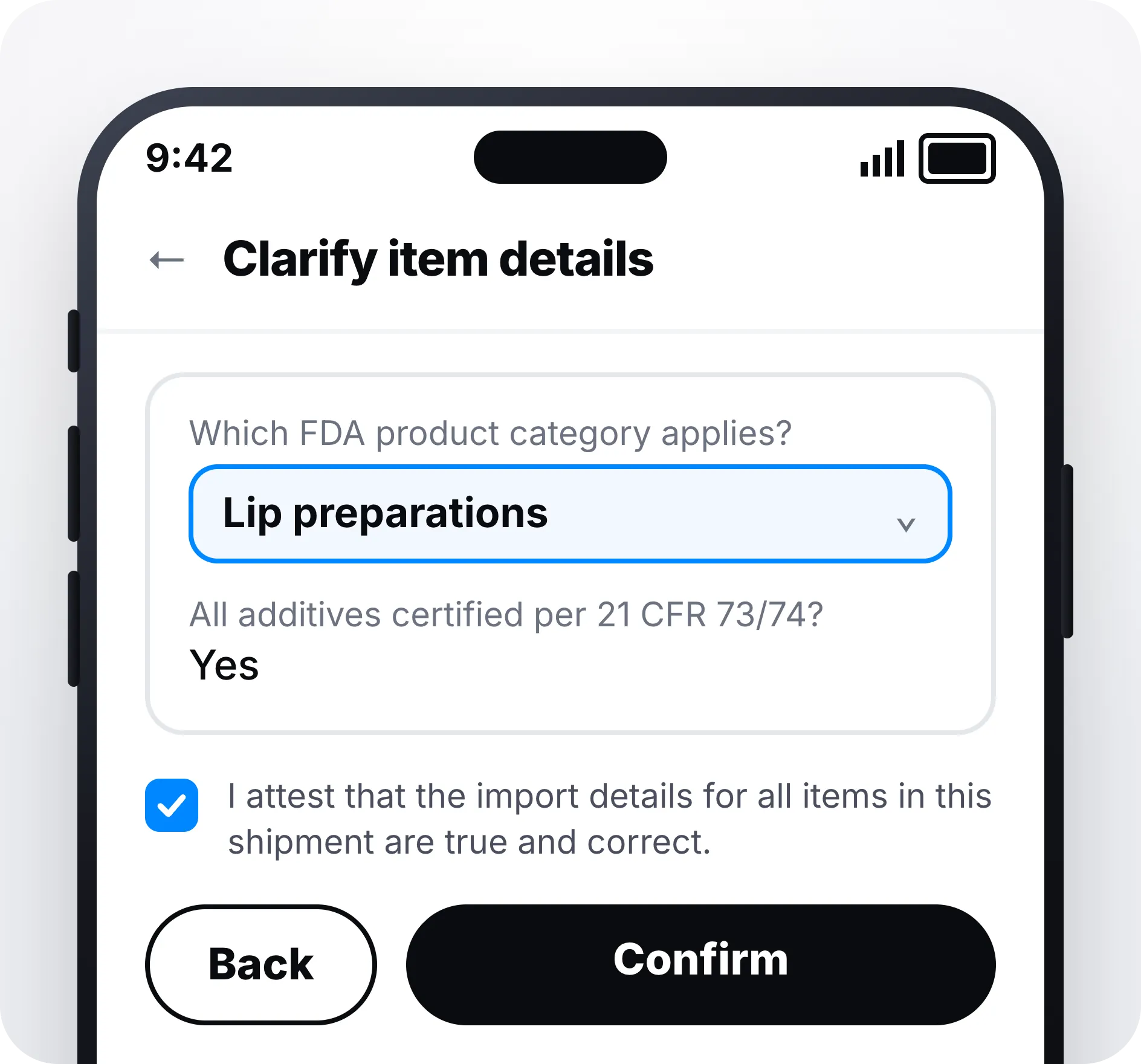 L'application Zonos avec une réponse de catégorie de produit FDA ouverte pour modification, et une case d'attestation au-dessus de Confirmer