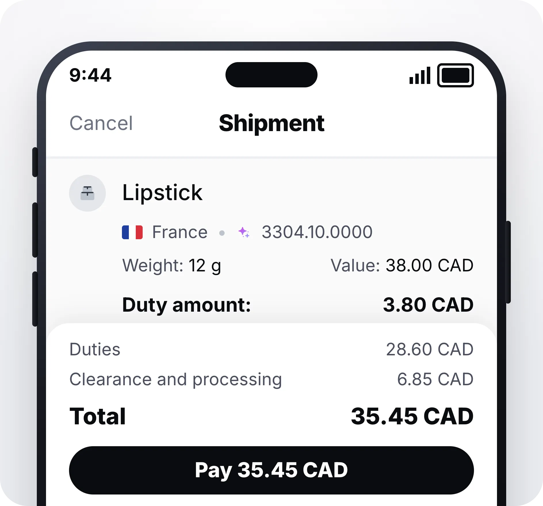 Récapitulatif d'envoi de l'application Zonos indiquant le montant des droits, les frais de dédouanement et de traitement, le total et un bouton Payer