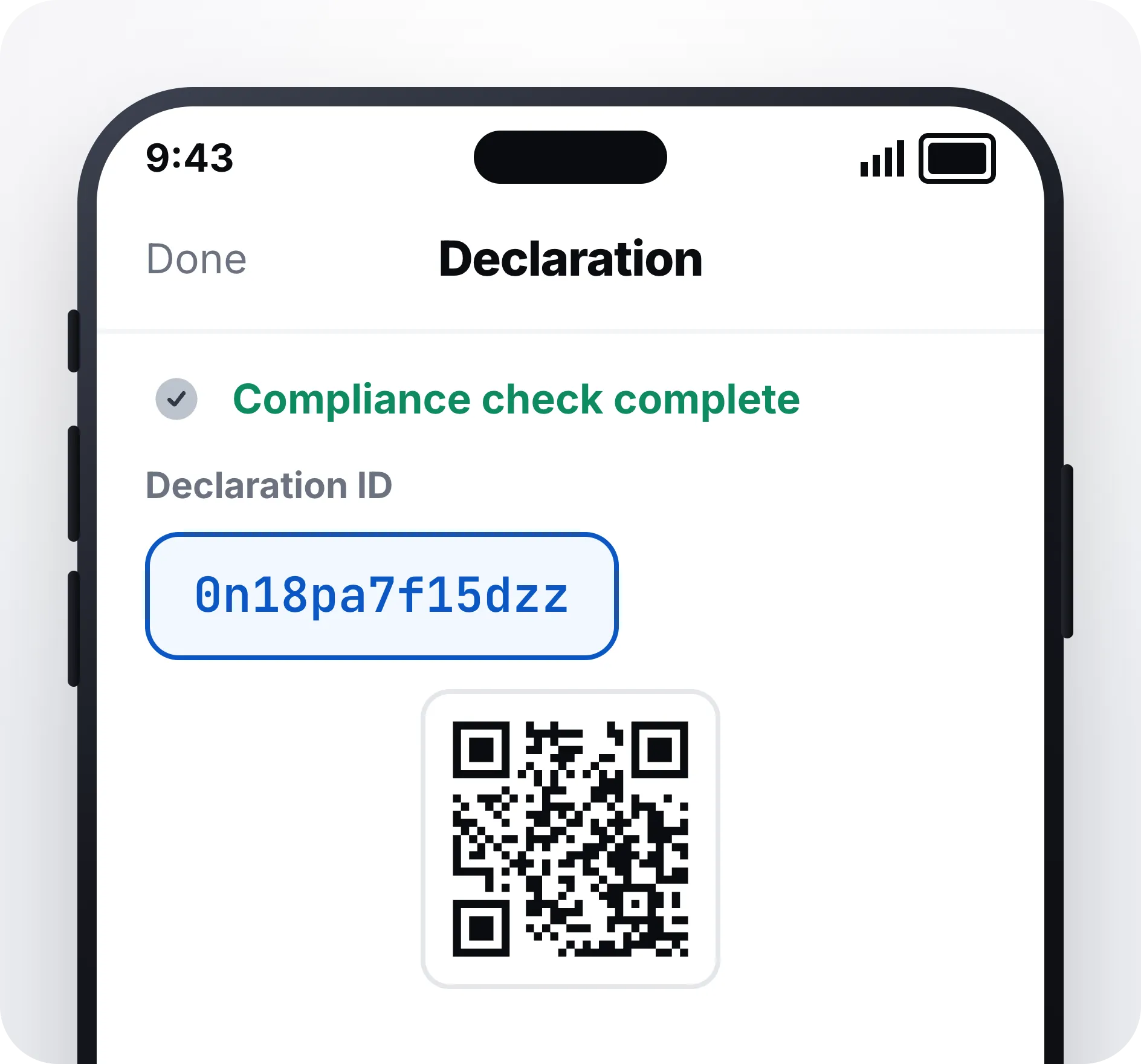 Déclaration finalisée dans l'application Zonos avec un Declaration ID et un code QR à présenter au guichet