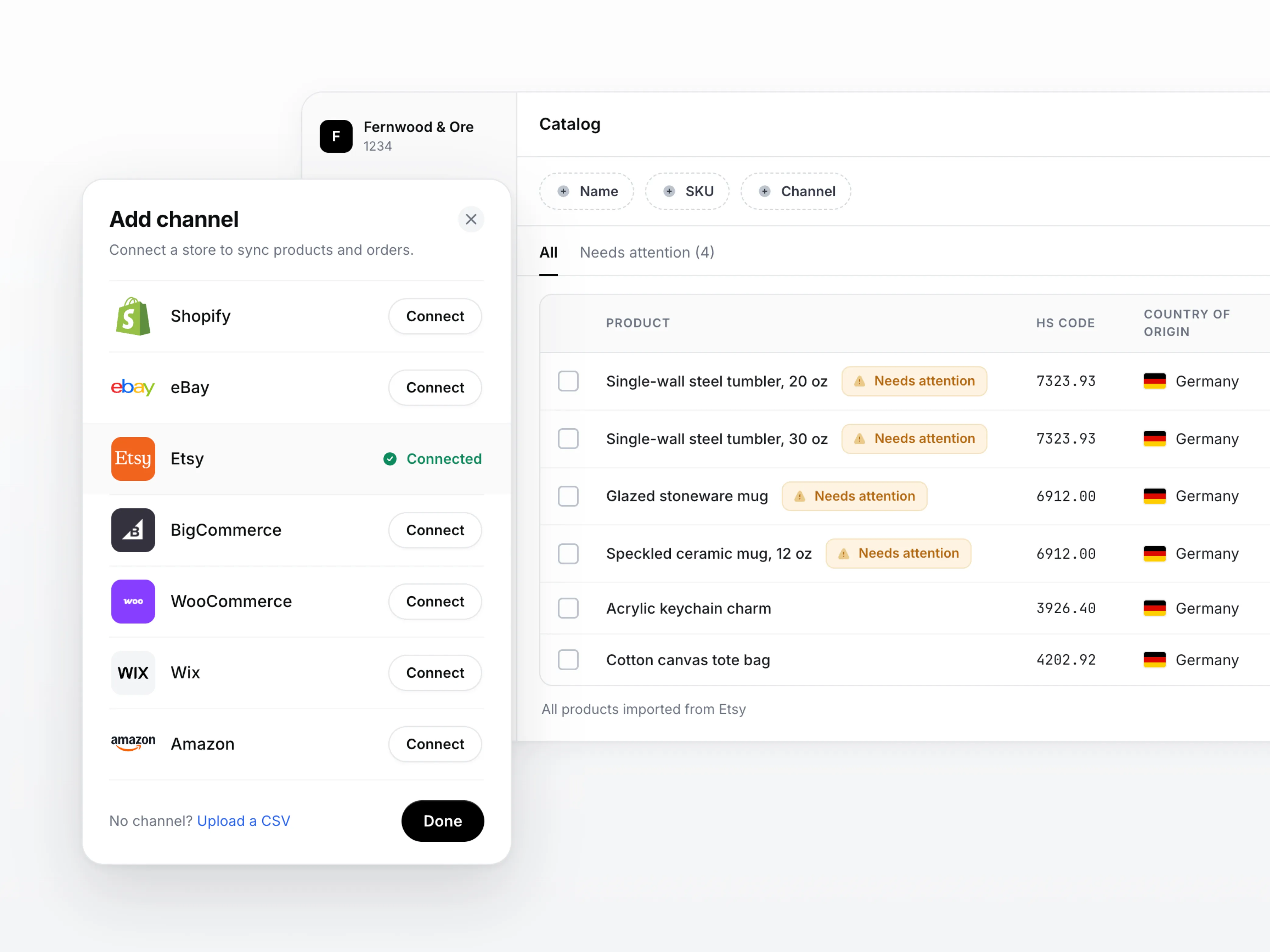 La boîte de dialogue Ajouter un canal dans Zonos, avec les connexions Shopify, eBay, Etsy, BigCommerce, WooCommerce, Wix et Amazon et une option de téléversement CSV