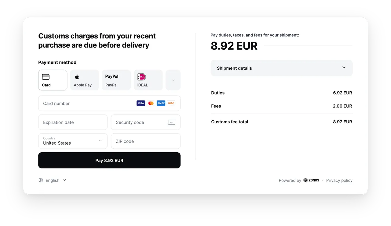 Zonos Collect payment cart showing duty and tax breakdown, payment methods, and pay button