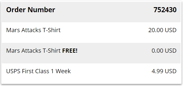 Grafik, die ein Beispiel für eine BOGO-Bestellung für ein T-Shirt zeigt.