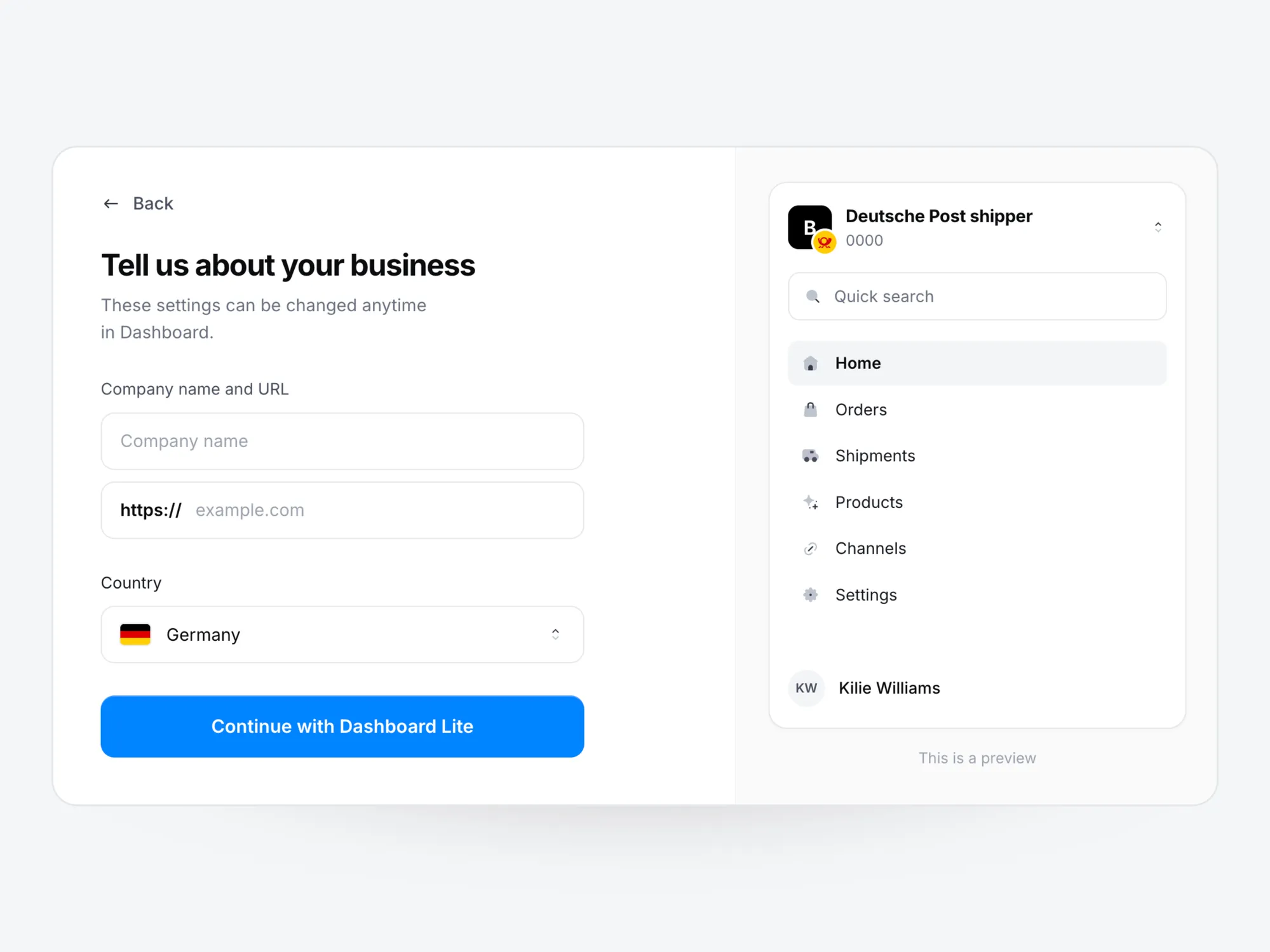 Verified Account signup, with a Deutsche Post shipper account in Zonos Dashboard