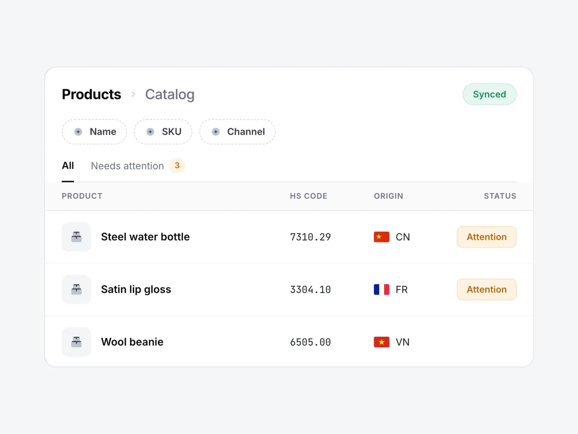 A synced Zonos Catalog of products with HS codes and country of origin, with three products flagged for attention