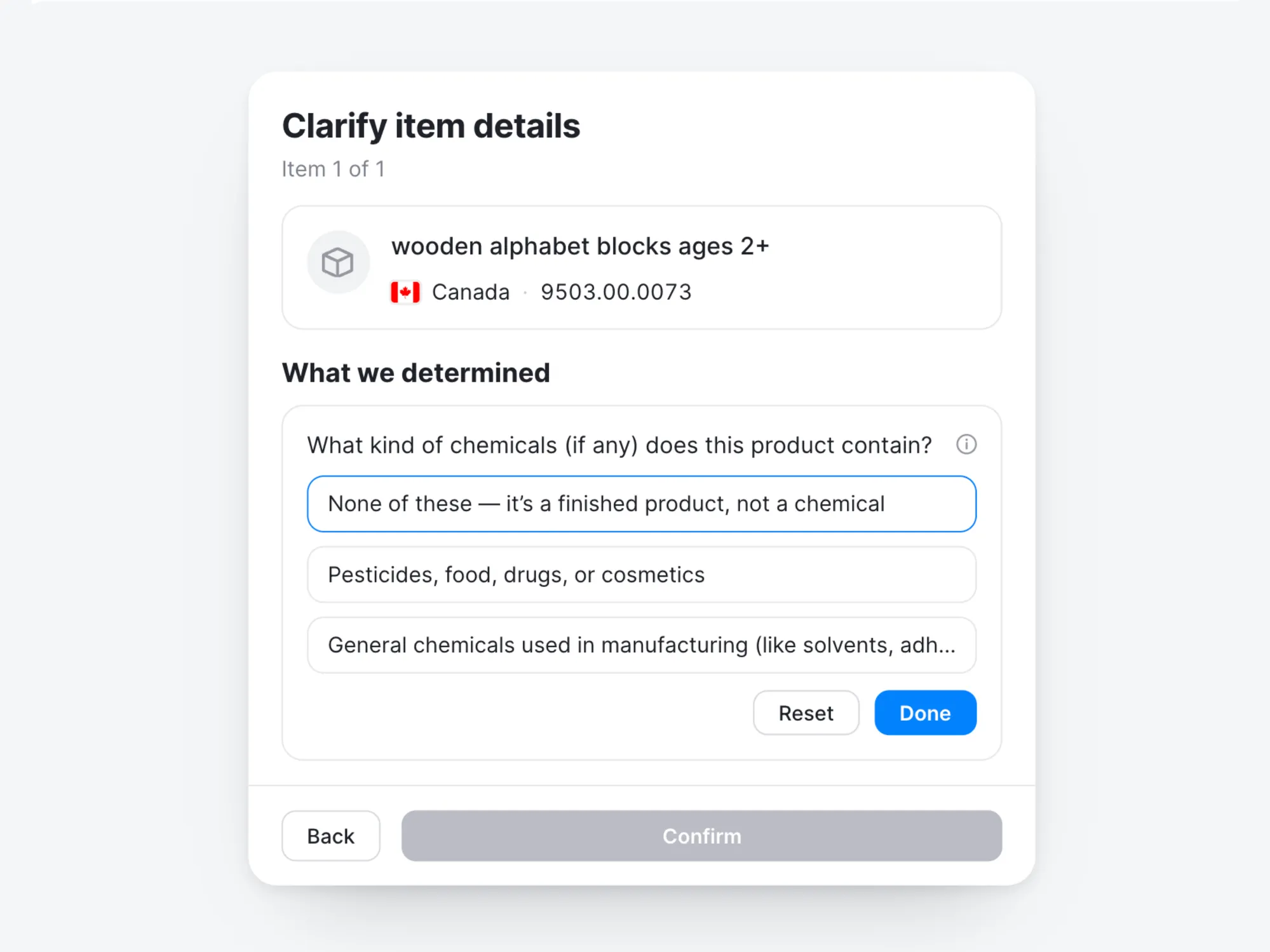 Zonos Clarify asking a product-specific question about wooden alphabet blocks