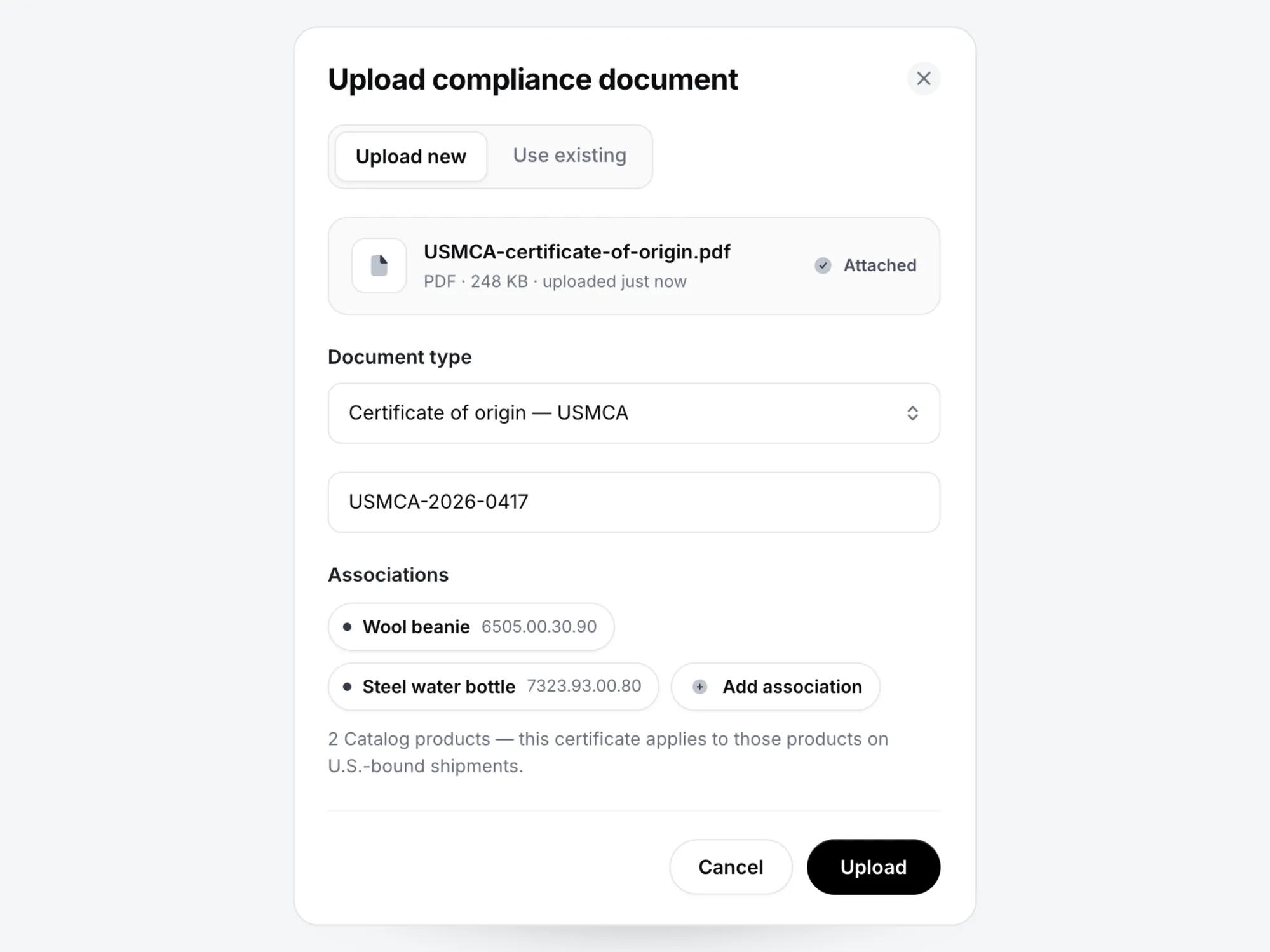 Uploading a USMCA certificate of origin and linking it to two Catalog products