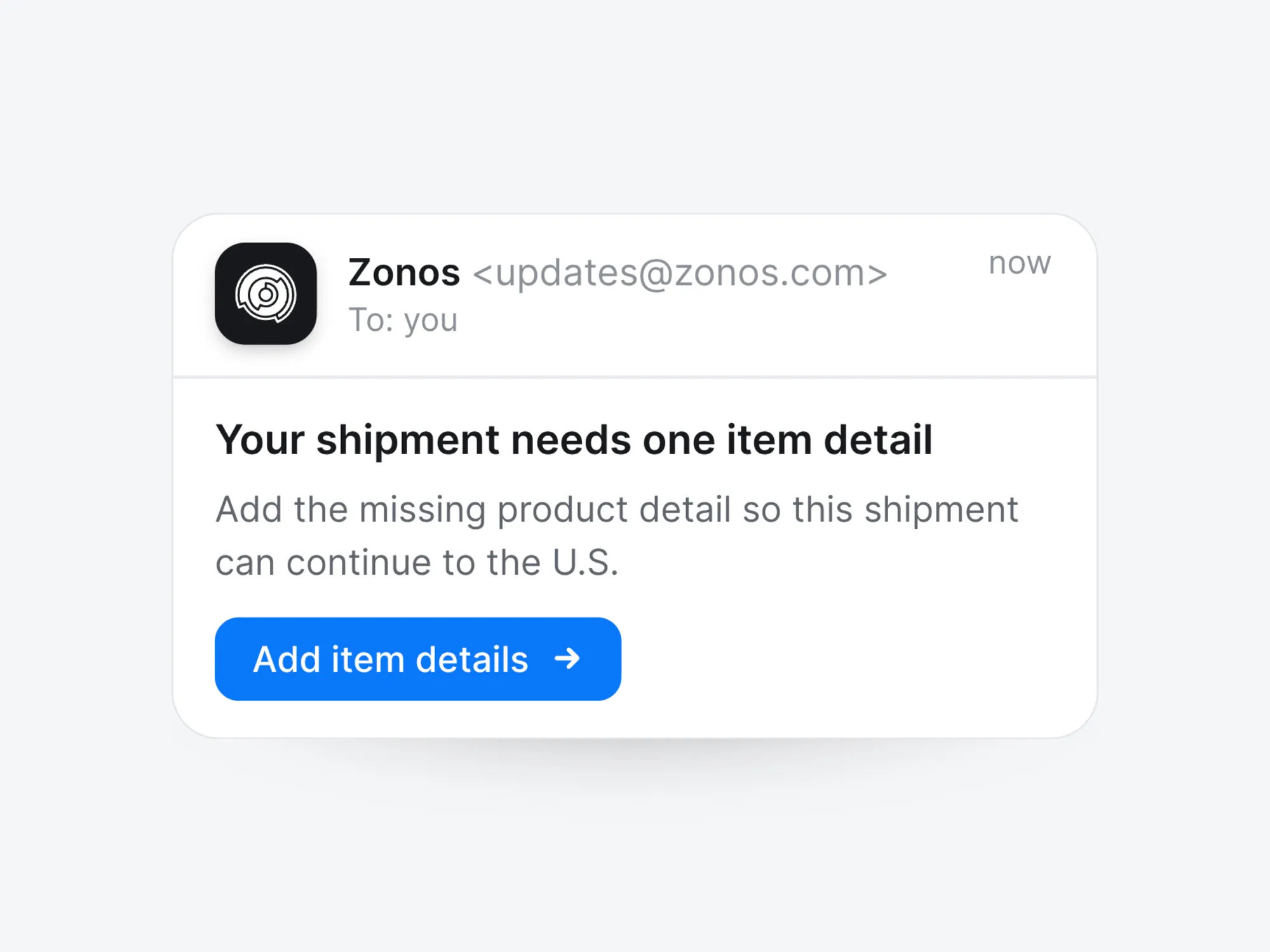 A Zonos email asking for one missing item detail, with an Add item details button