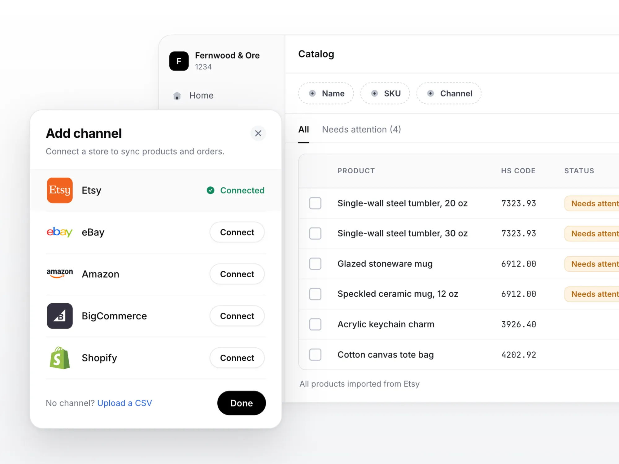 Connecting an Etsy store in Zonos, with products syncing into the Catalog