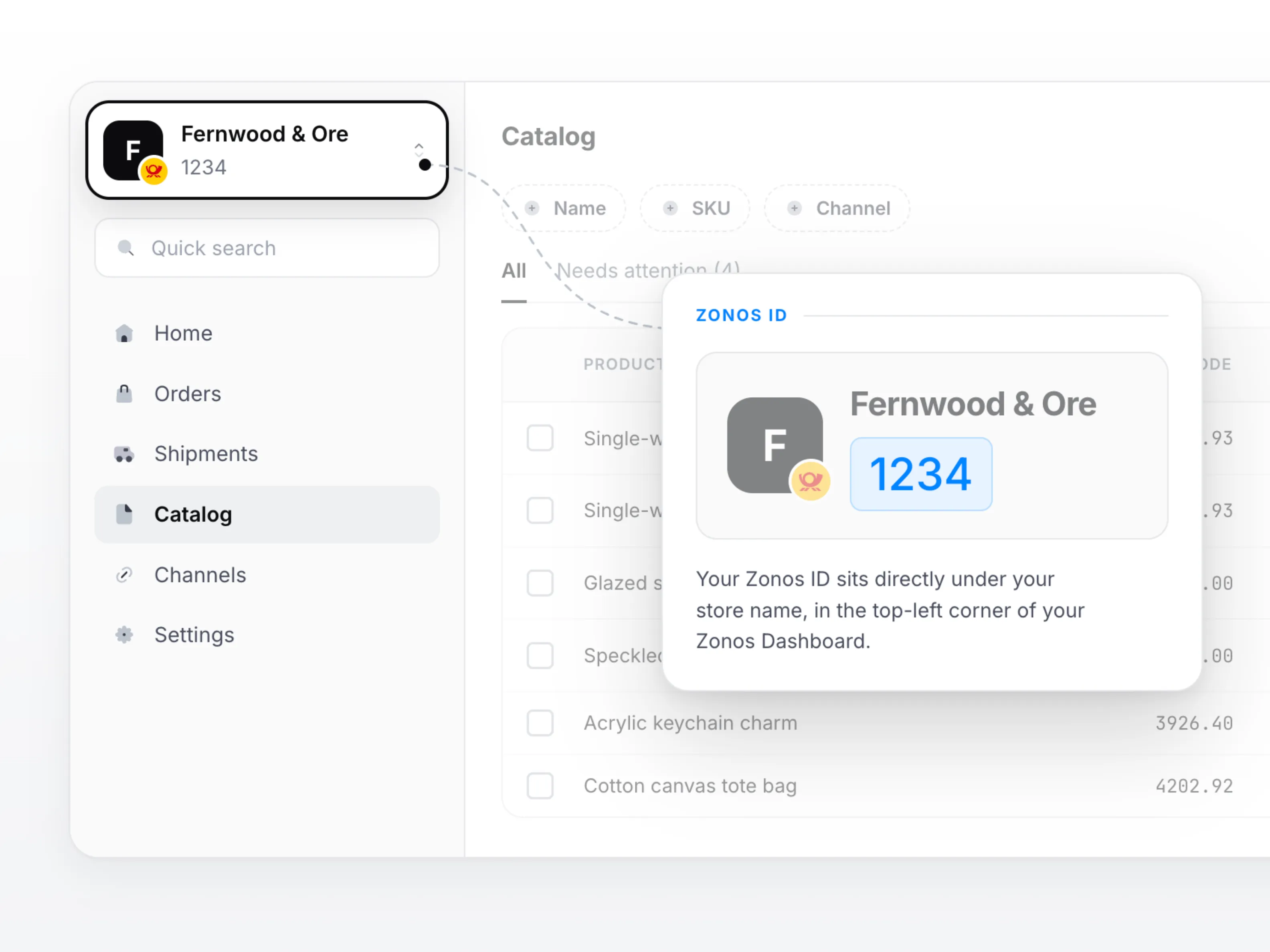 Where to find your Zonos ID: directly under the store name in the top-left corner of Zonos Dashboard