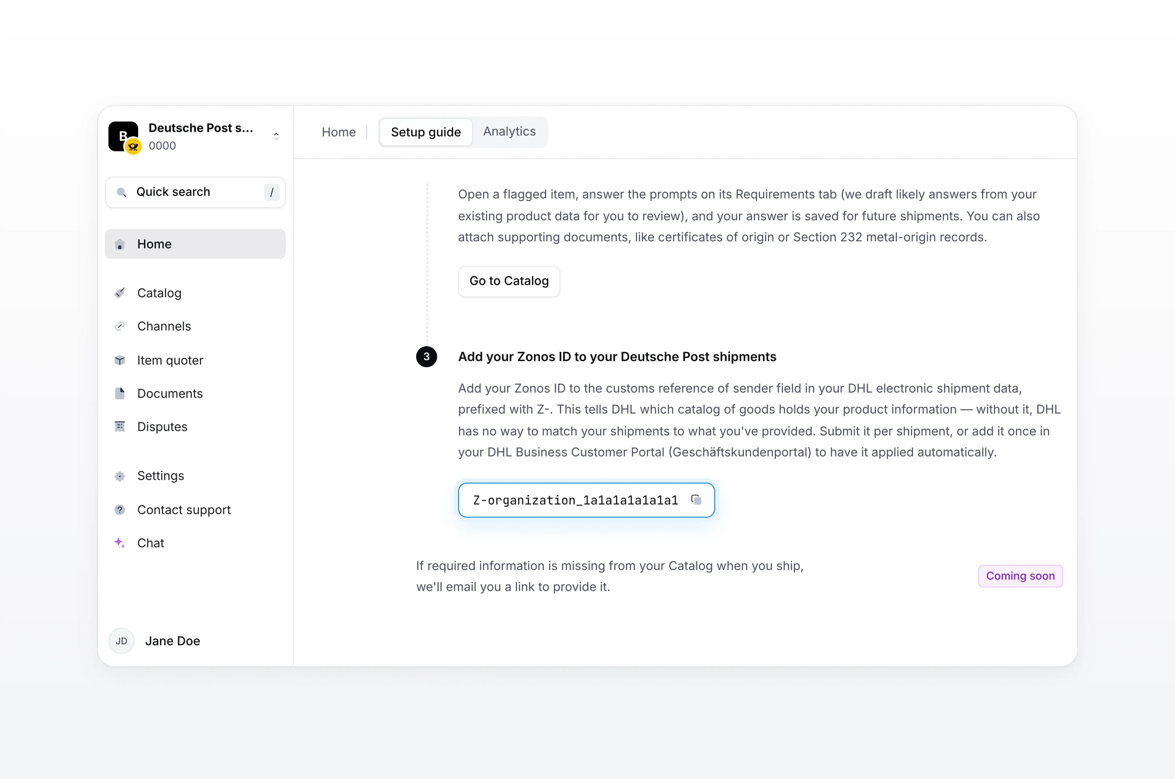 L'étape du guide de configuration du Zonos Dashboard pour ajouter votre Zonos ID à vos envois Deutsche Post, avec votre Zonos ID et un bouton de copie