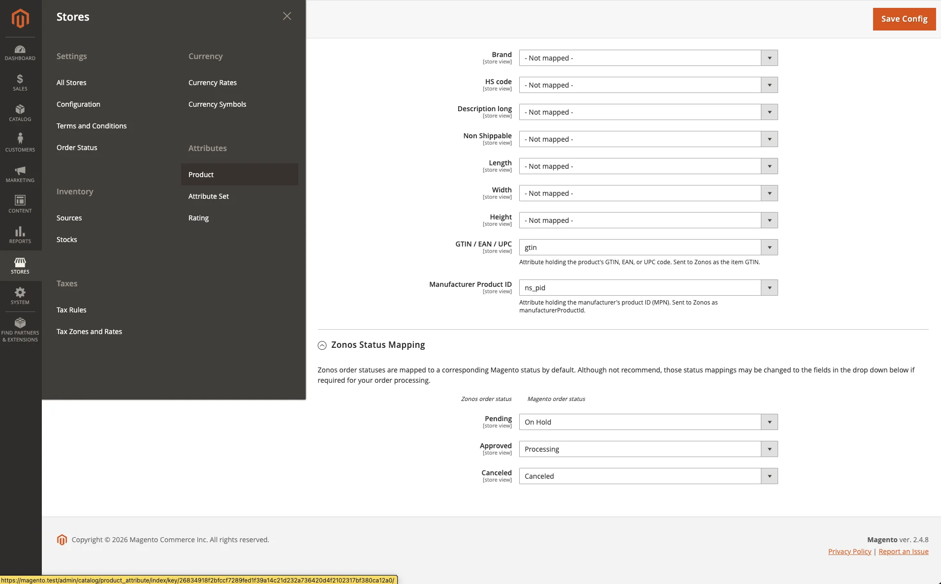Zonos attribute mapping saved with GTIN / EAN / UPC set to gtin and Manufacturer Product ID set to ns_pid
