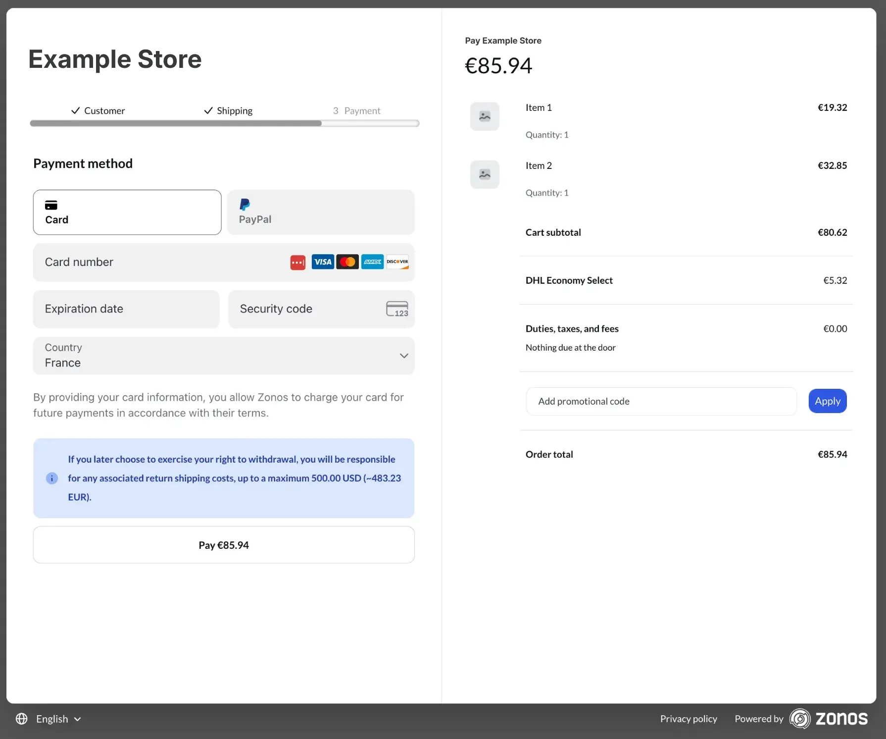 EU withdrawal notice shown above the Pay button at Checkout