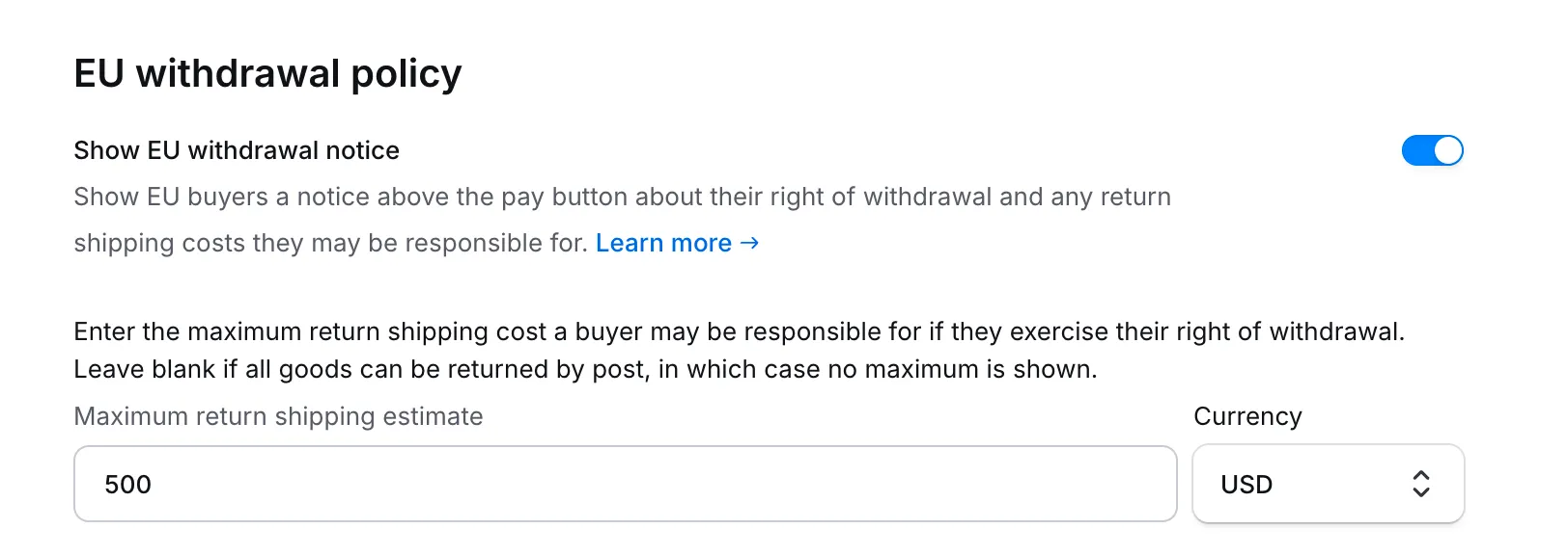 EU withdrawal policy section in Dashboard Checkout settings