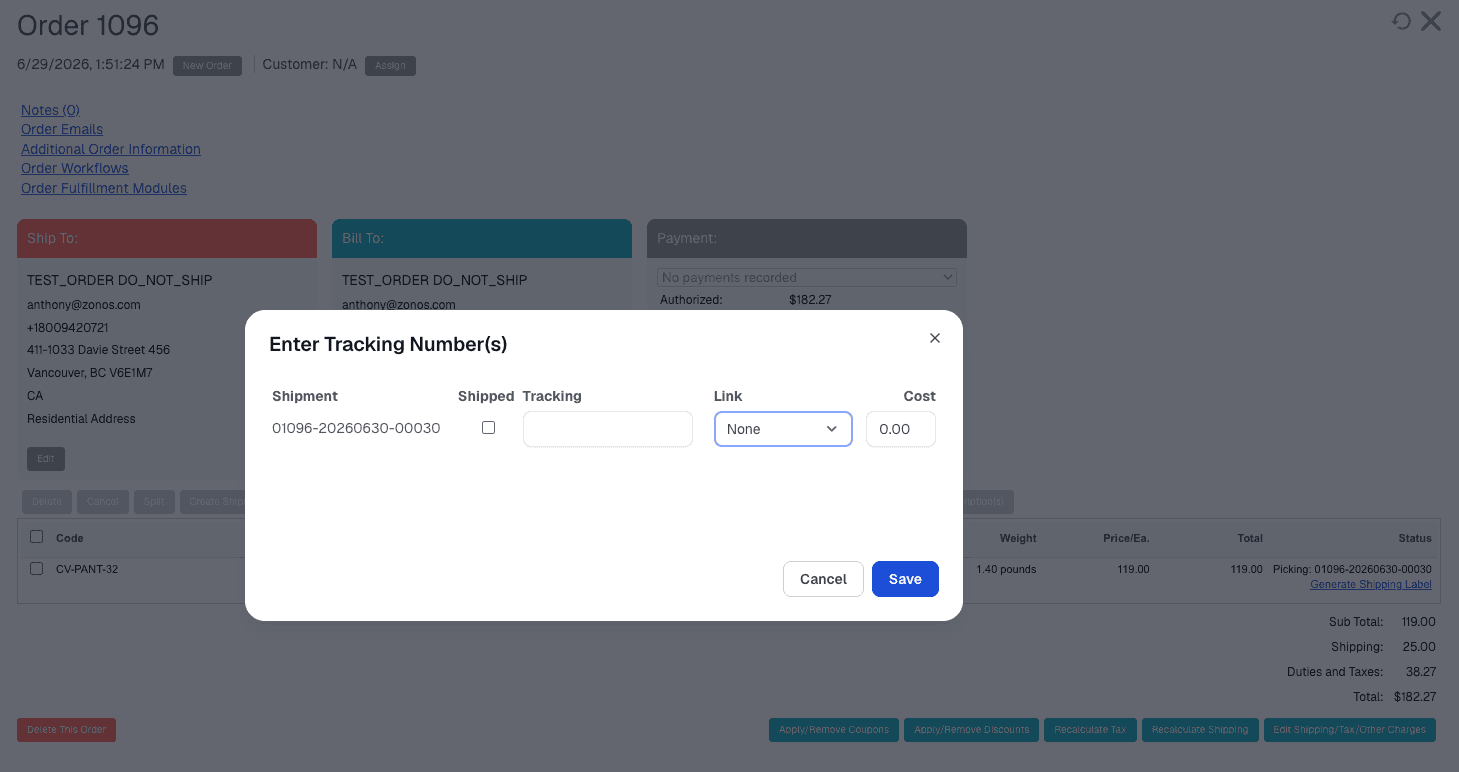 Dialogboksen Enter Tracking Number(s) på en Miva-ordre