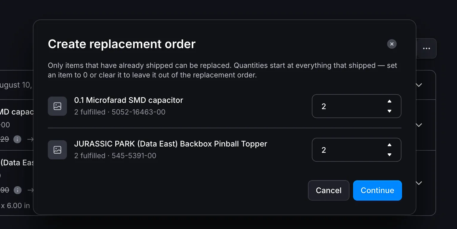 Dialogrutan Create replacement order som listar fullföljda artiklar med en
kvantitet för varje