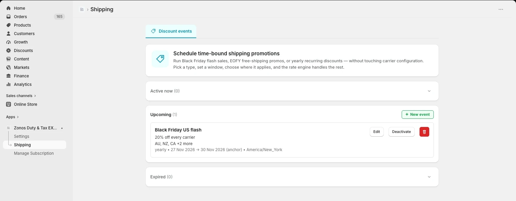 Discount events tab with an upcoming event scheduled