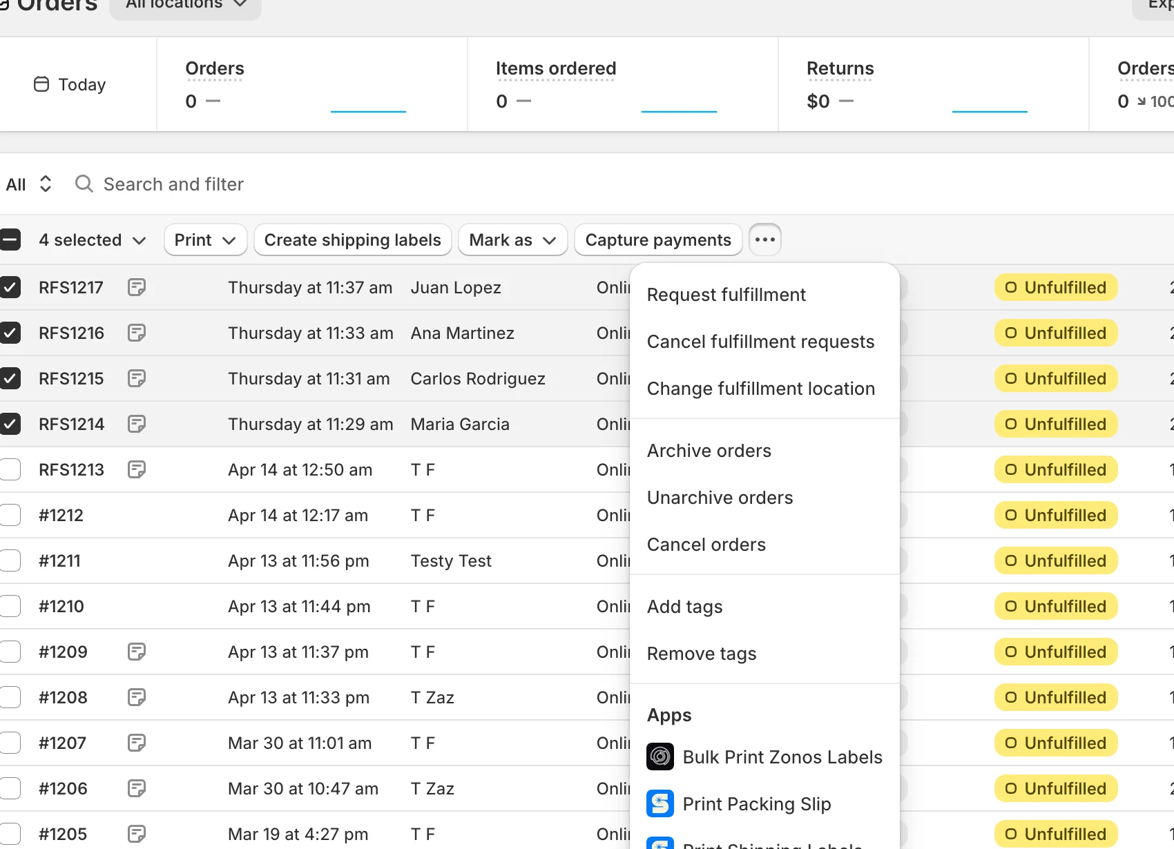 Bulk Print Zonos Labels action in the orders index More actions menu