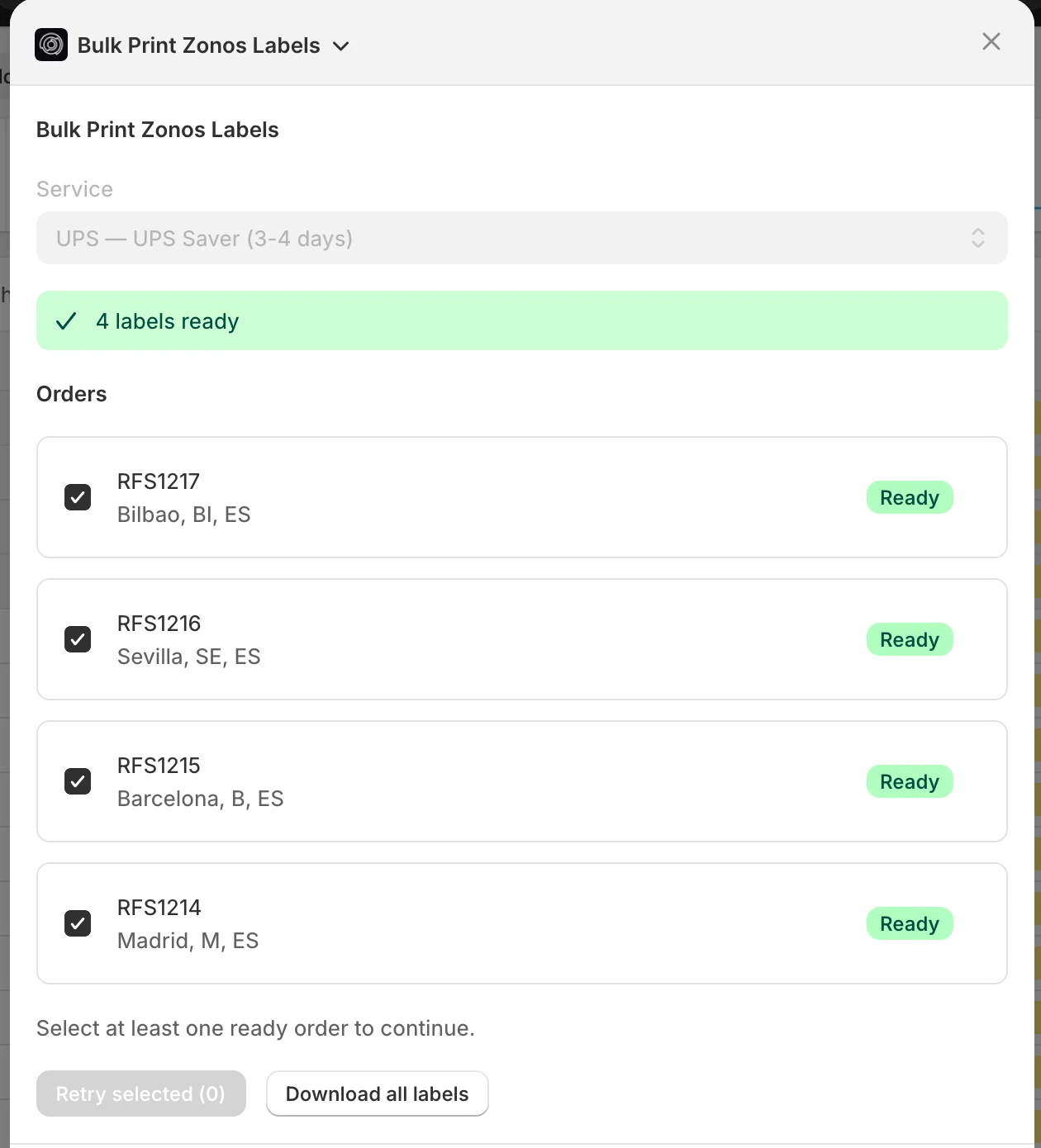 Bulk modal in completed state with Download all labels button