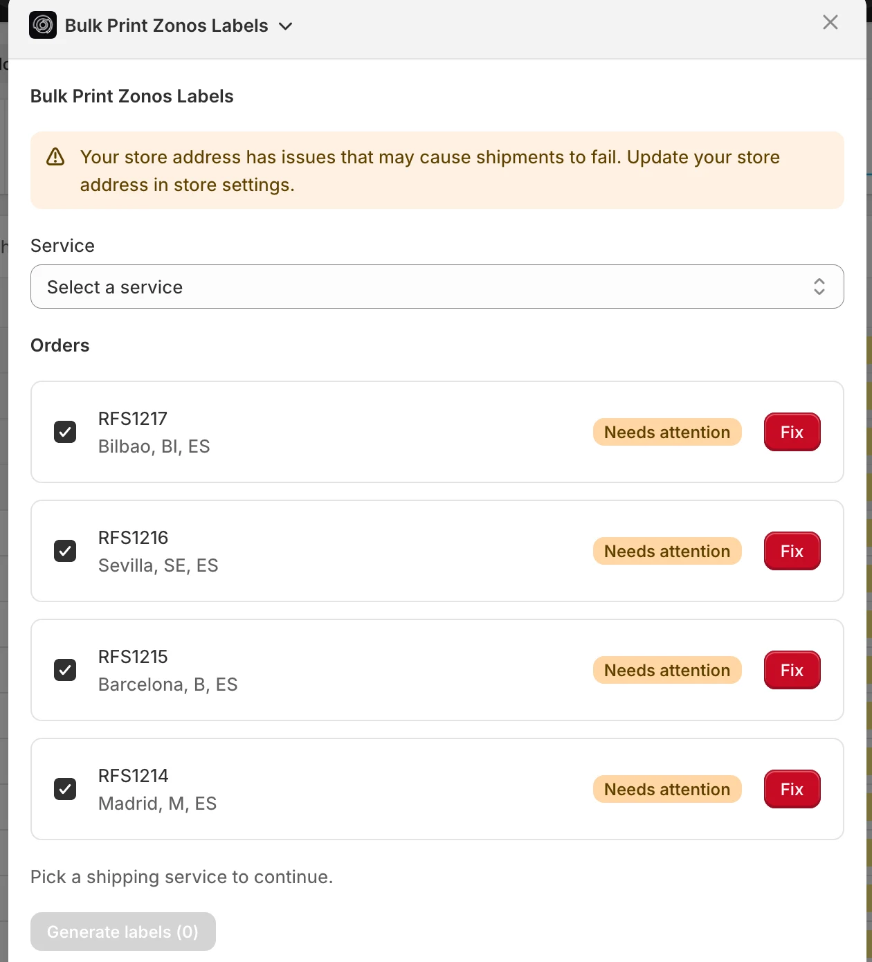 Bulk modal showing orders with status pills