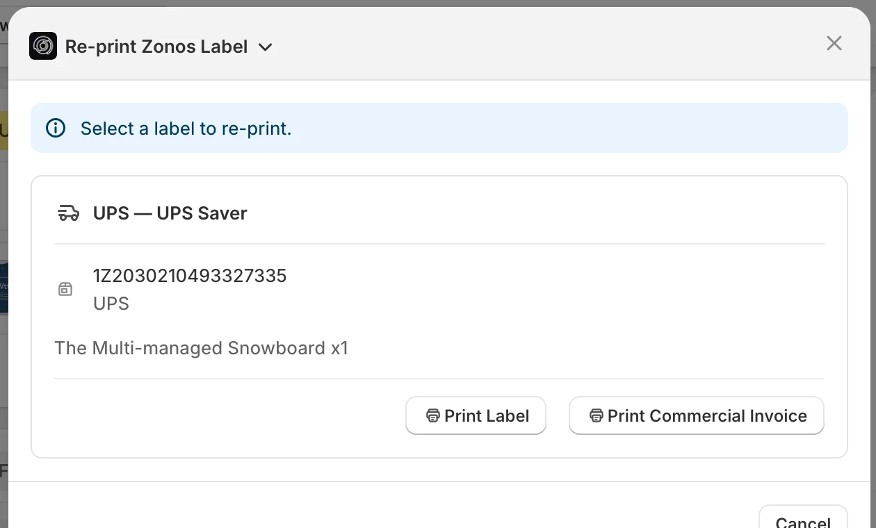Re-print Zonos Label modal showing a list of shipments
