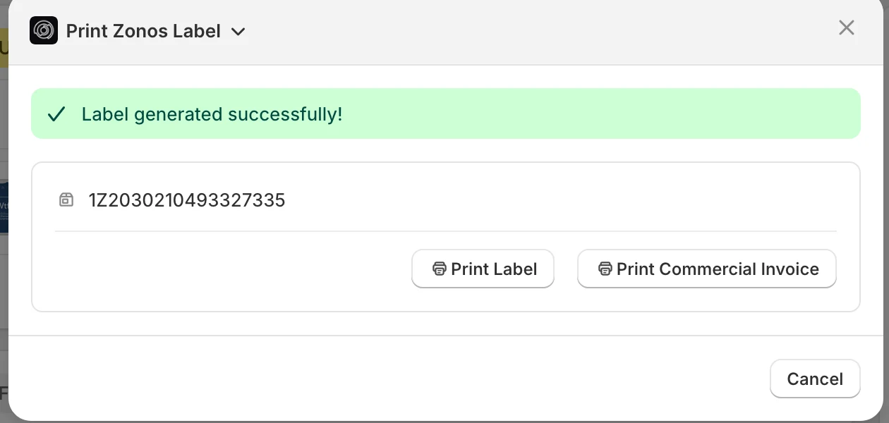 Generated label and commercial invoice ready to download