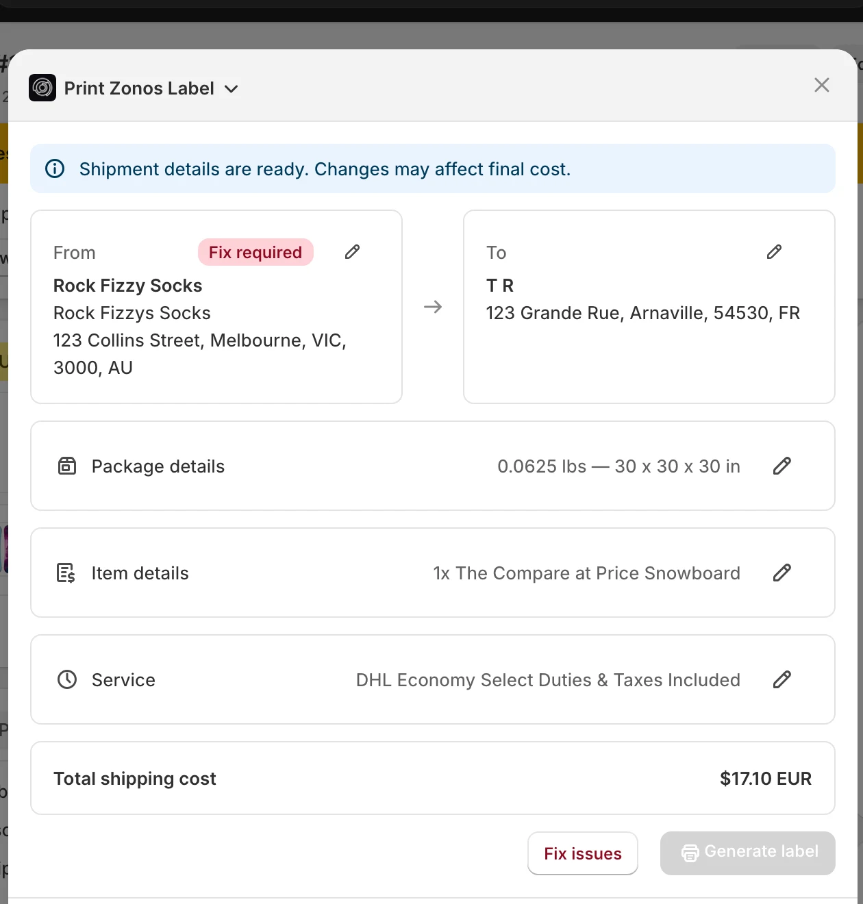 Print Zonos Label review modal