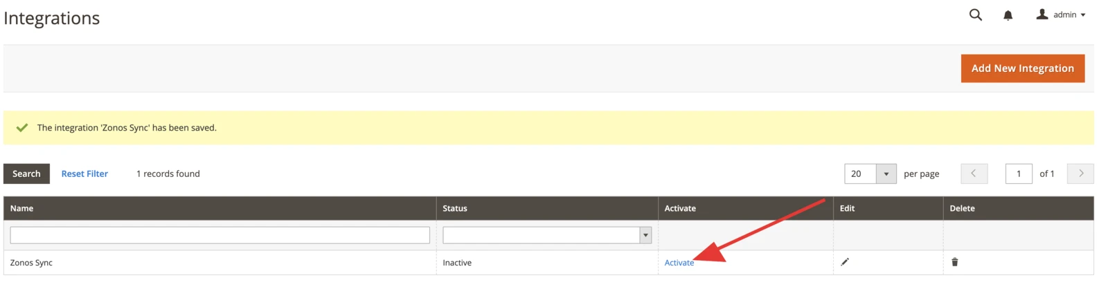De lijst met Magento Integrations met de link Activate gemarkeerd