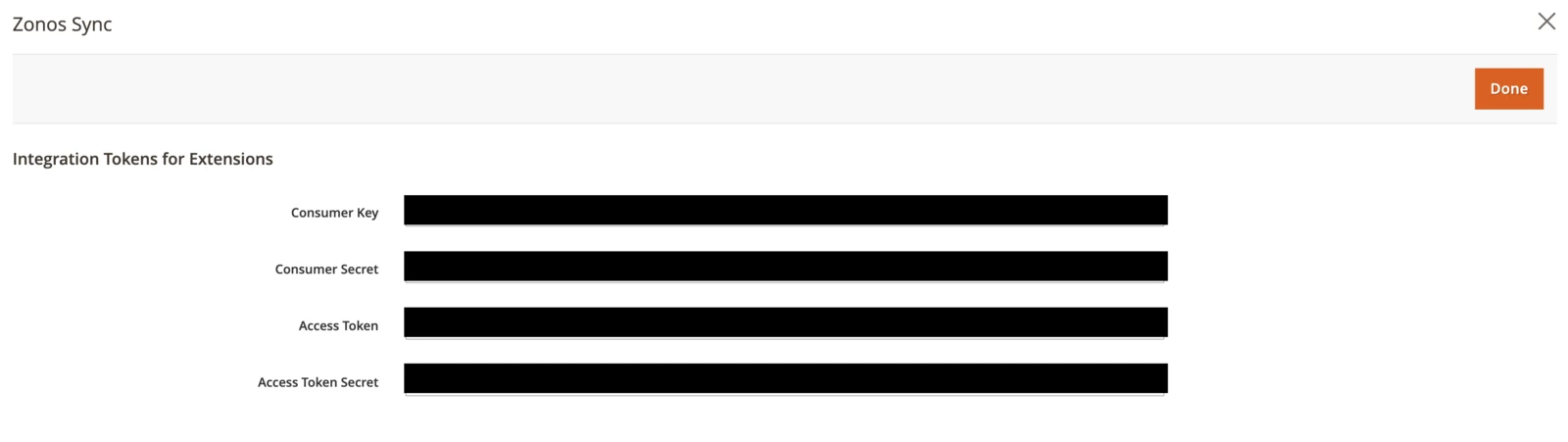 De pagina Integration Tokens for Extensions in Magento, met daarop waar Consumer Key, Consumer Secret, Access Token en Access Token Secret verschijnen