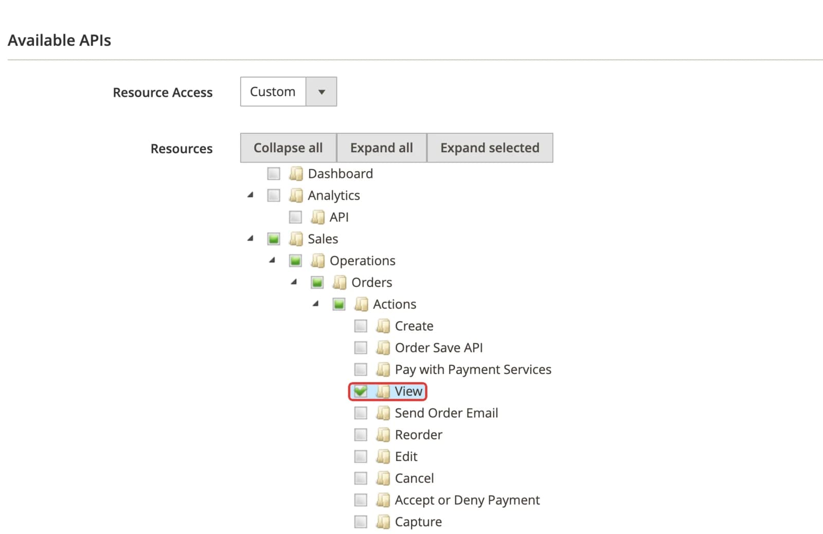 De machtigingenstructuur van de Magento API met Orders > Actions > View gemarkeerd