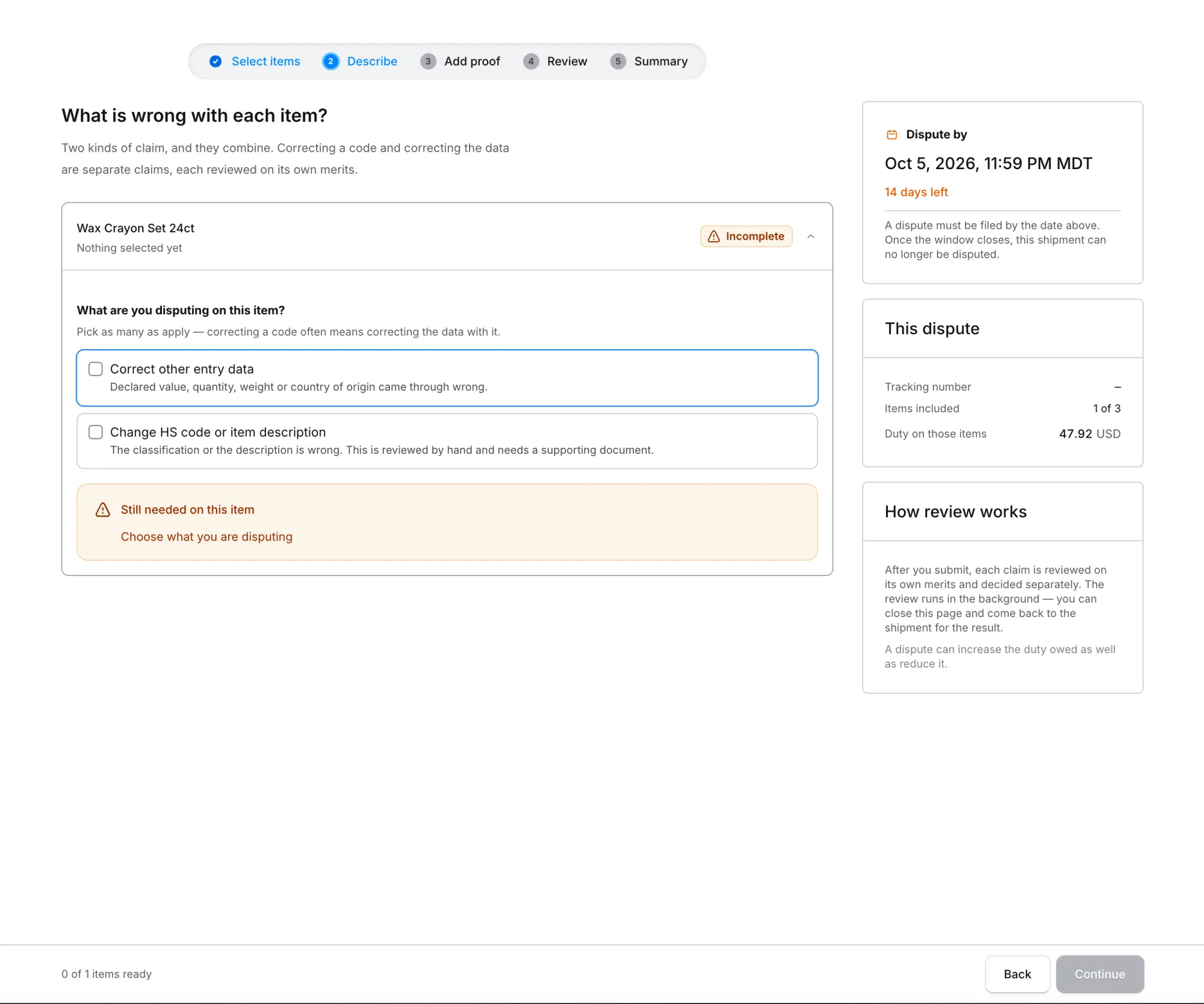 Describe step with an item expanded, showing the two claims you can raise on it