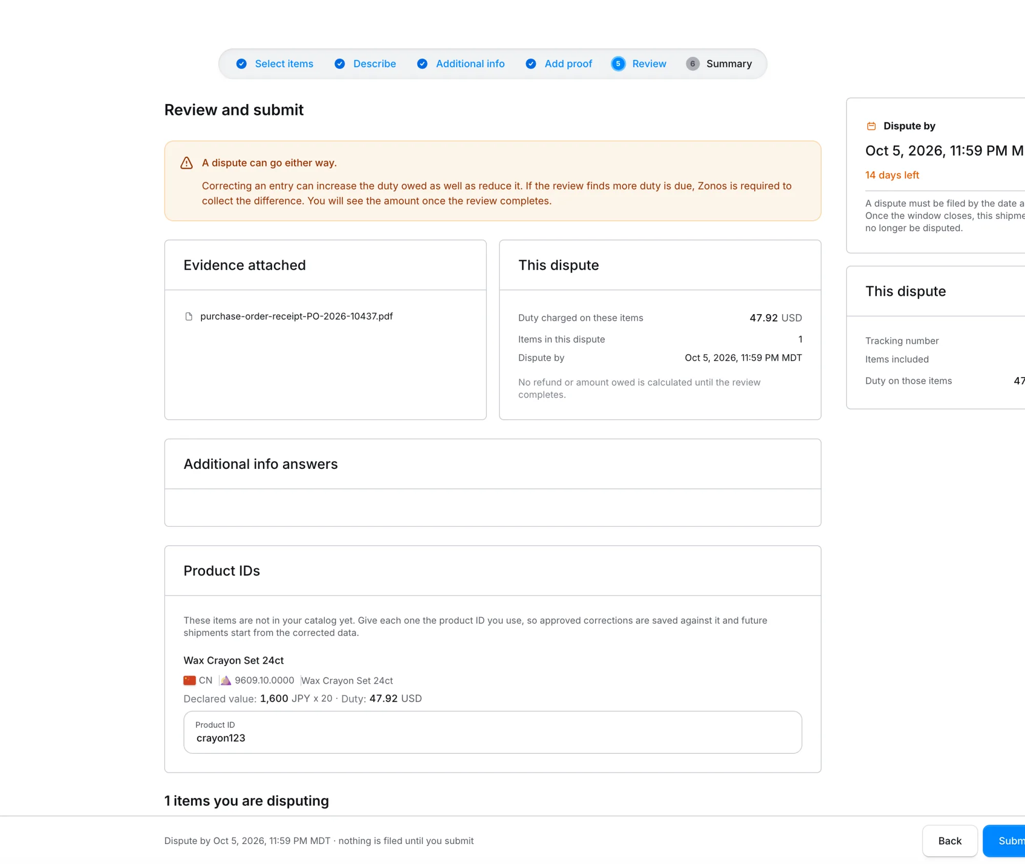 Review step showing the attached evidence, the dispute summary, and the product IDs for items not yet in the catalog