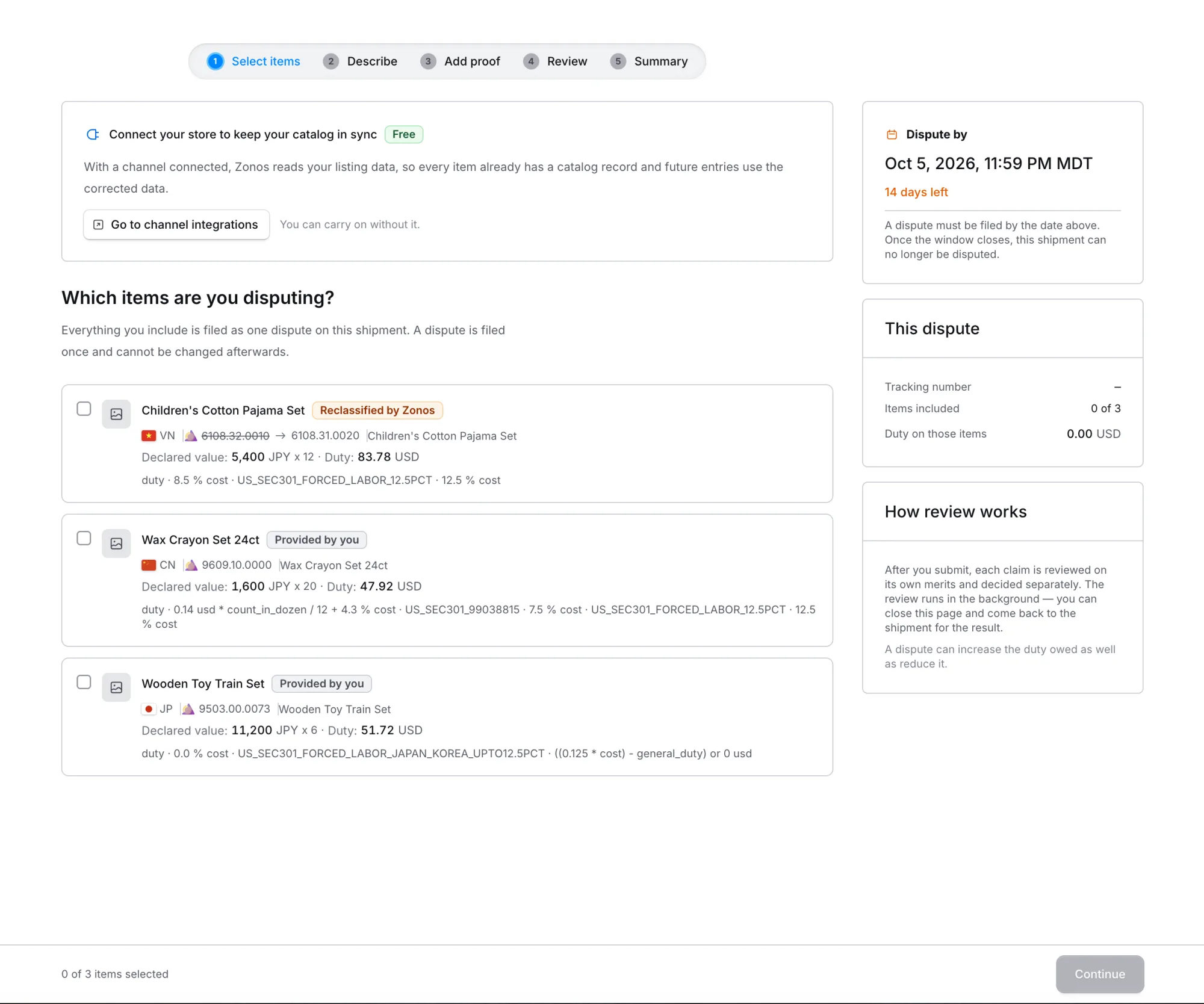 Select items step of the duty dispute wizard listing the shipment's eligible items with the Dispute by date alongside