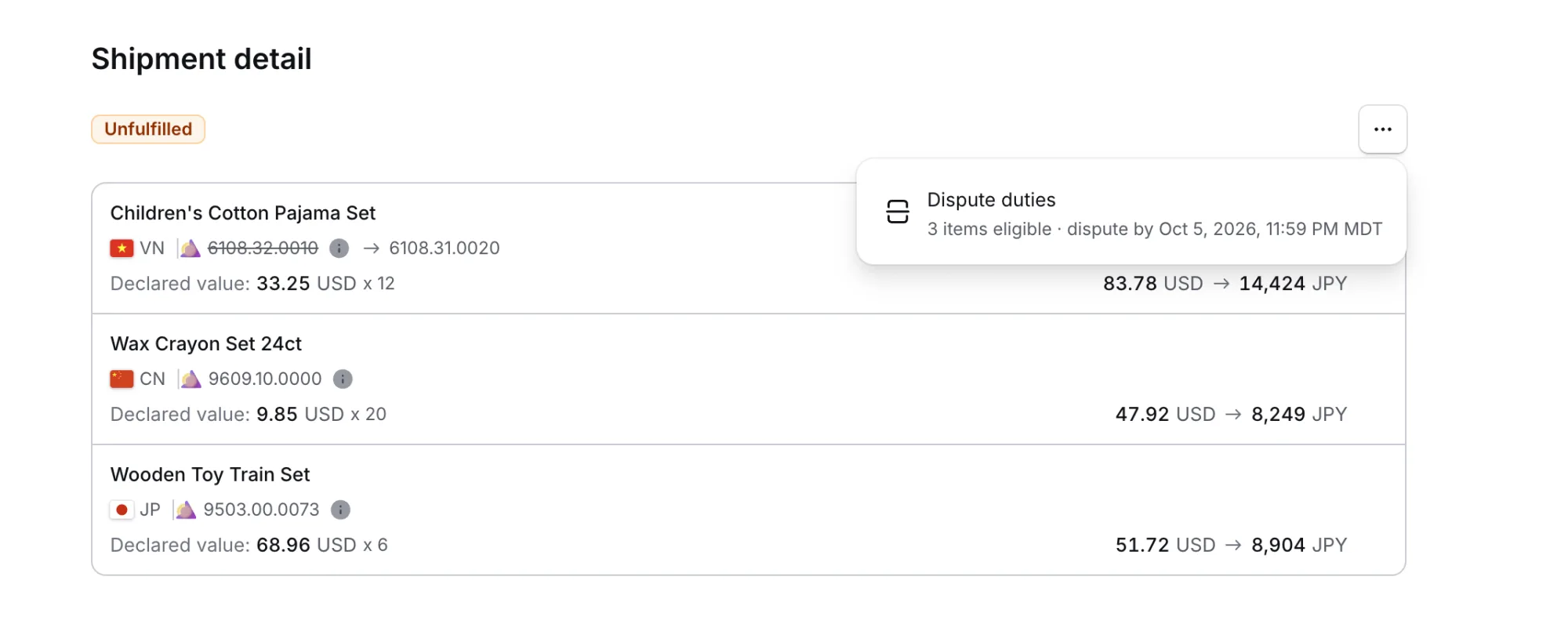 Postal shipment detail page with the Dispute duties action