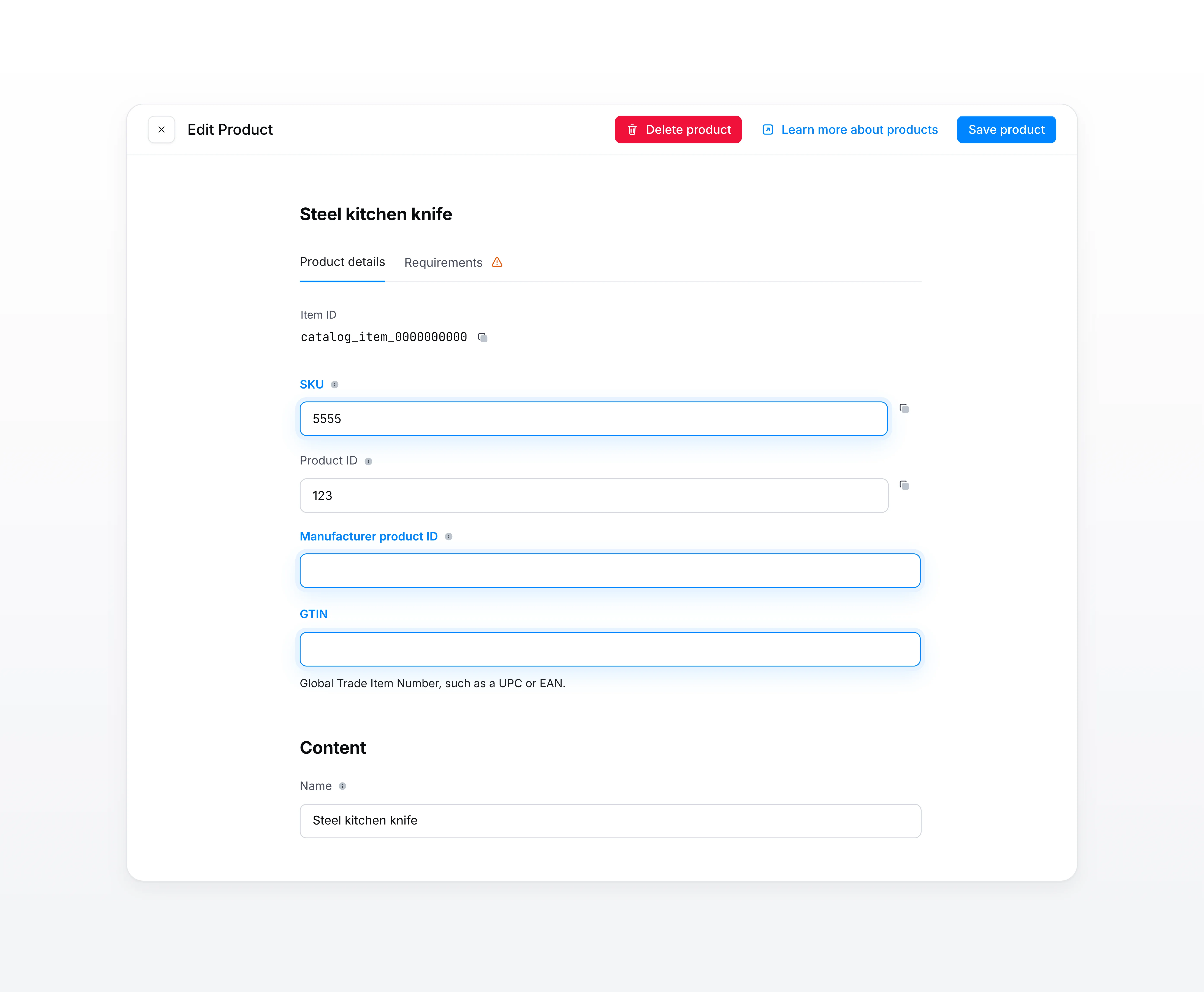 Edit Product page in Zonos Catalog with the SKU, Manufacturer product ID and GTIN fields highlighted