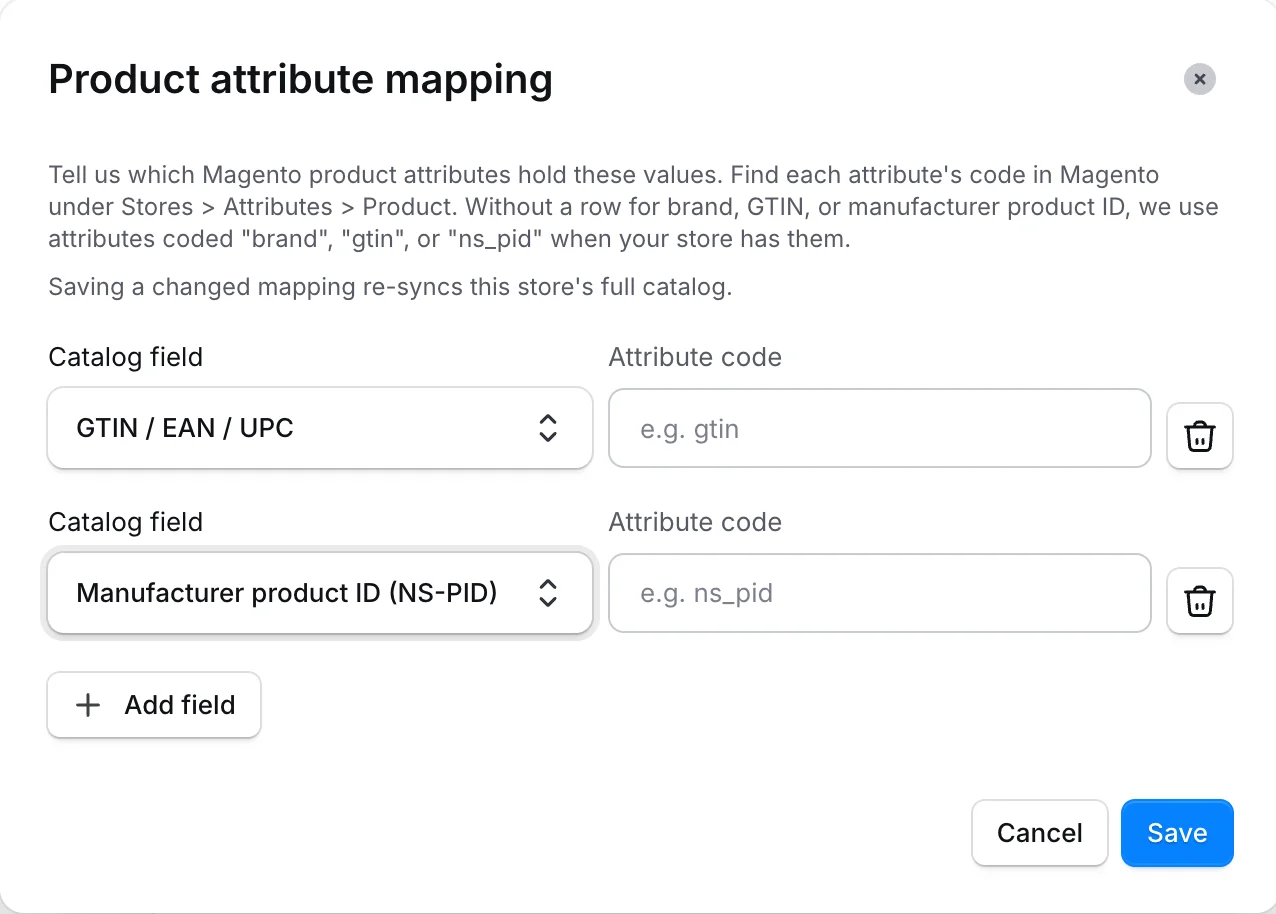 Product attribute mapping dialog in Dashboard with GTIN / EAN / UPC and Manufacturer product ID (NS-PID) rows