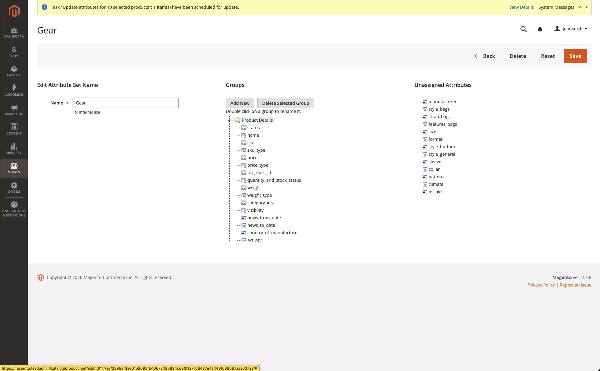 Gear attribute set with ns_pid still listed under Unassigned Attributes, ready to drag into Product Details
