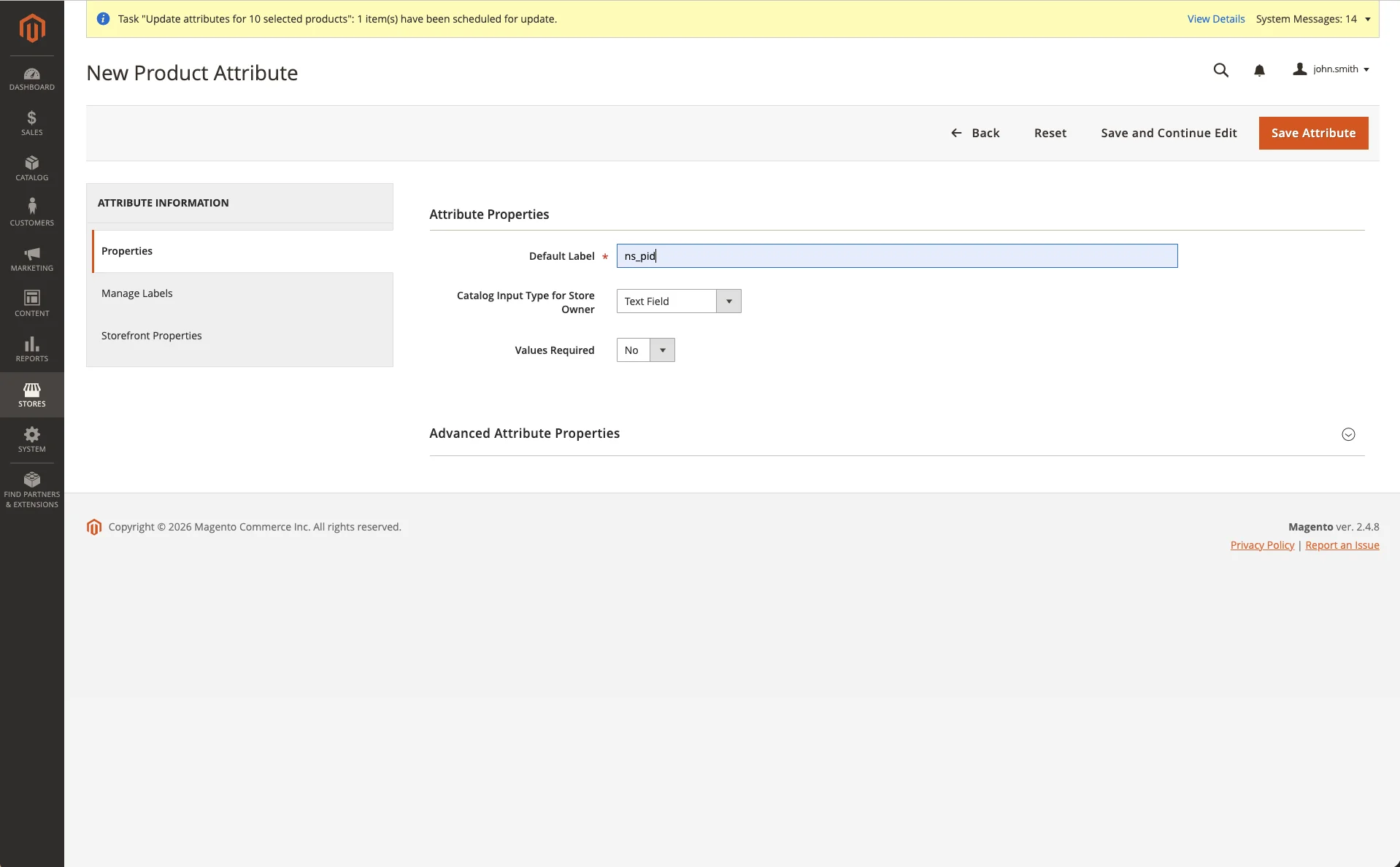 New Product Attribute page with Default Label ns_pid, Text Field input type and Values Required set to No