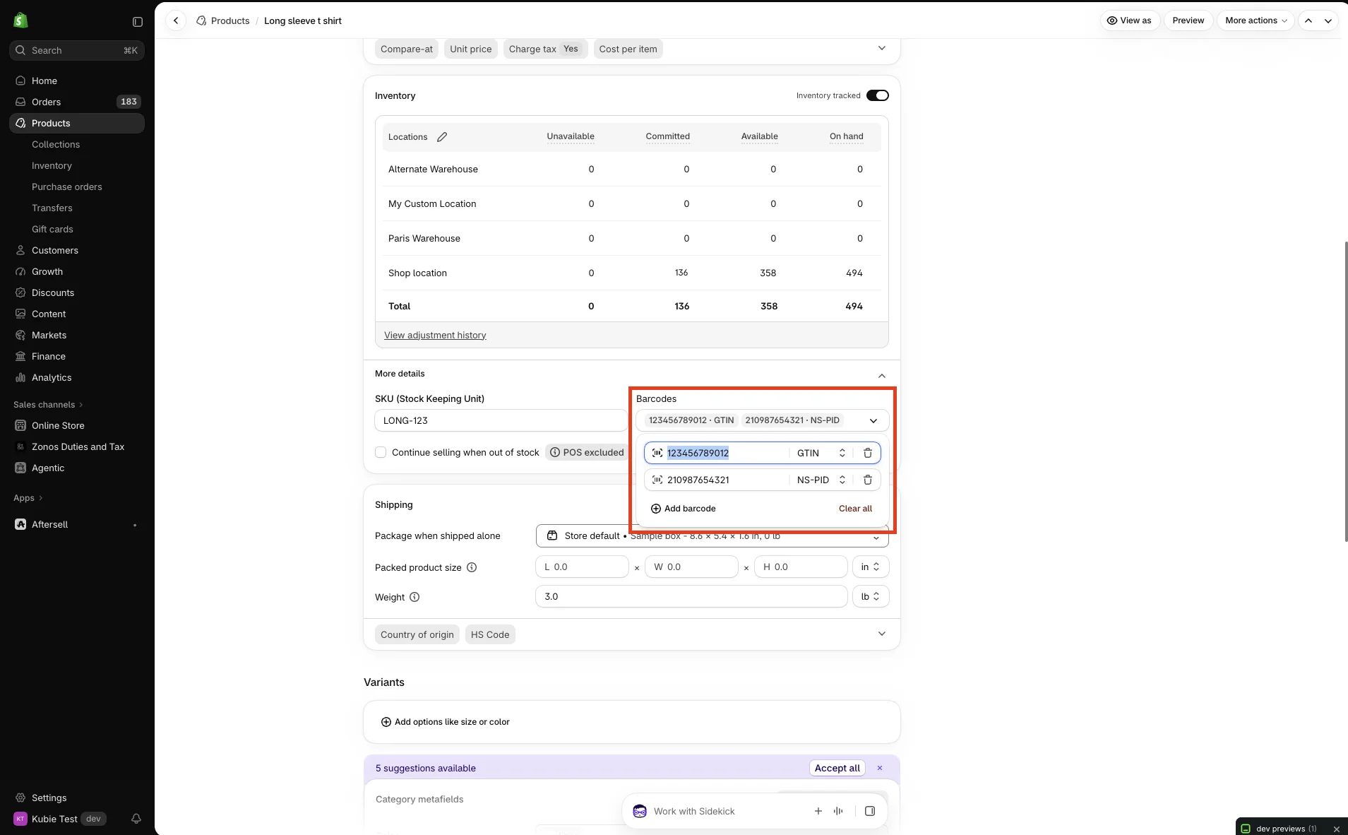 Shopify product Barcodes field with a GTIN barcode and an NS-PID barcode added