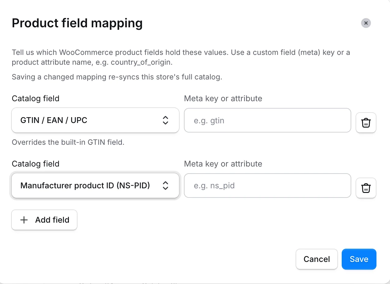 Product field mapping dialog in Dashboard with GTIN / EAN / UPC and Manufacturer product ID (NS-PID) rows