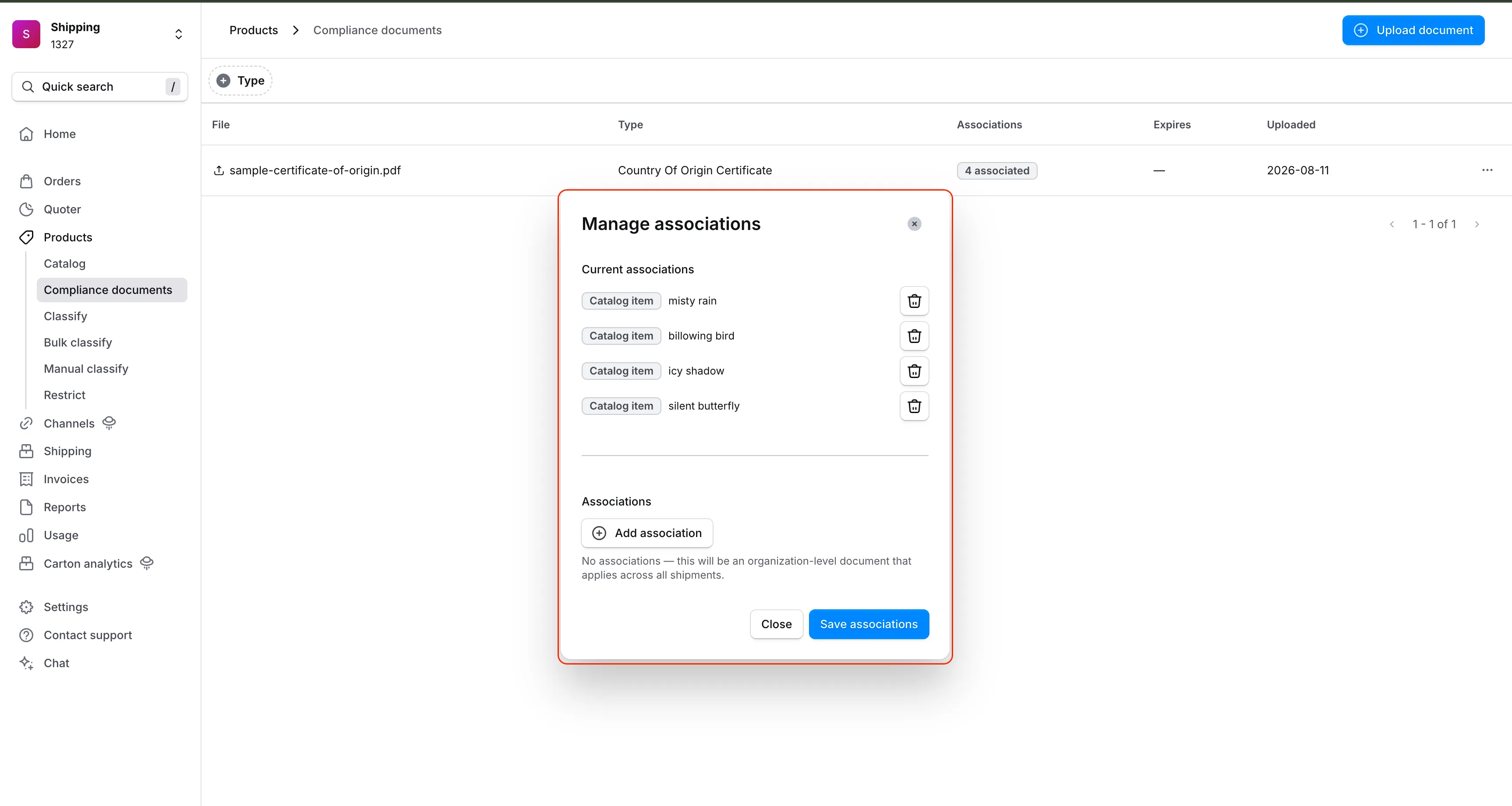 Dialogrutan Manage associations som listar ett dokuments nuvarande kopplingar till katalogartiklar, med möjlighet att lägga till eller ta bort dem
