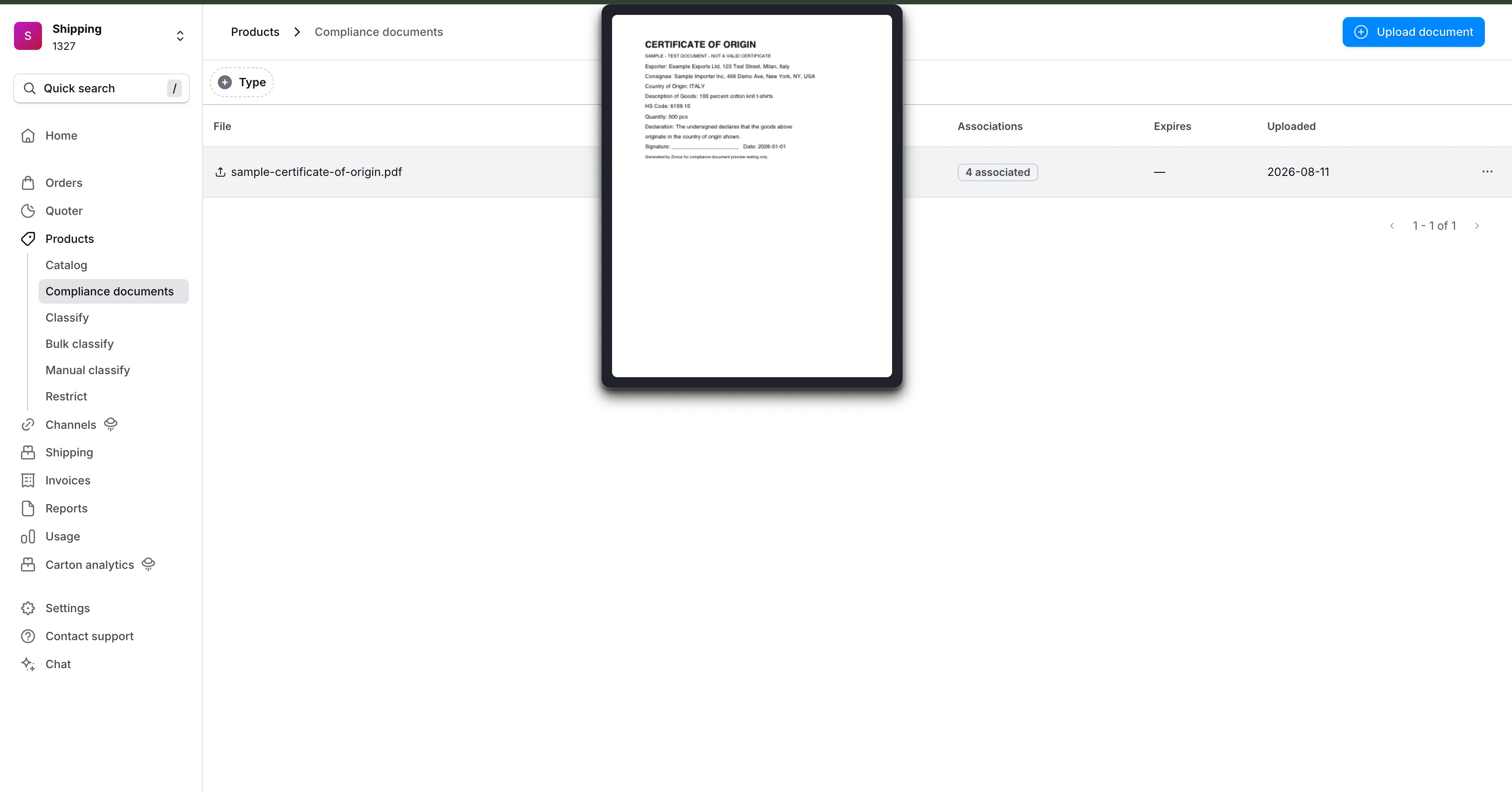 Förhandsgranskning i webbläsaren av ett uppladdat ursprungscertifikat i PDF-format
