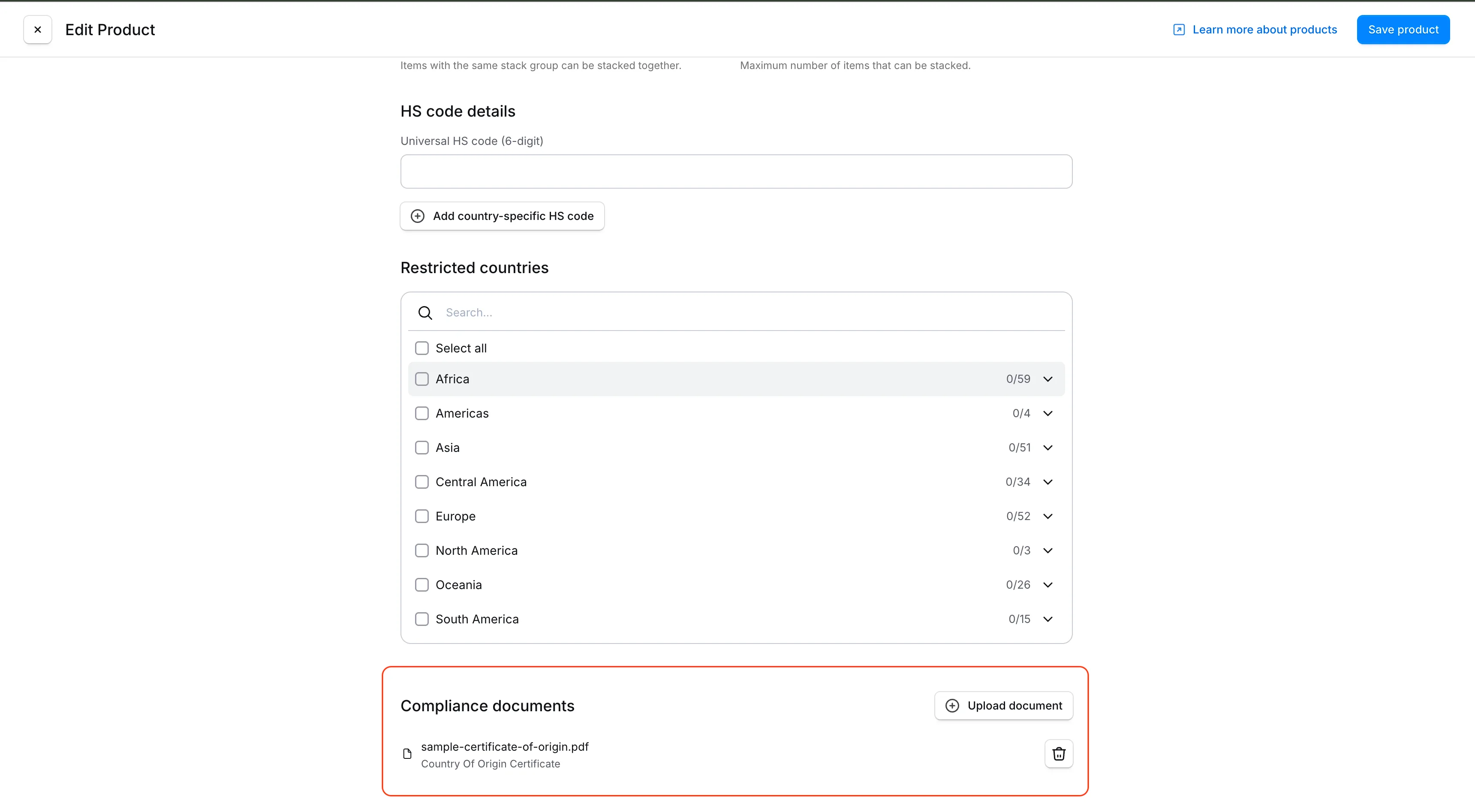 Avsnittet Compliance documents på produktens redigeringssida med ett uppladdat dokument listat