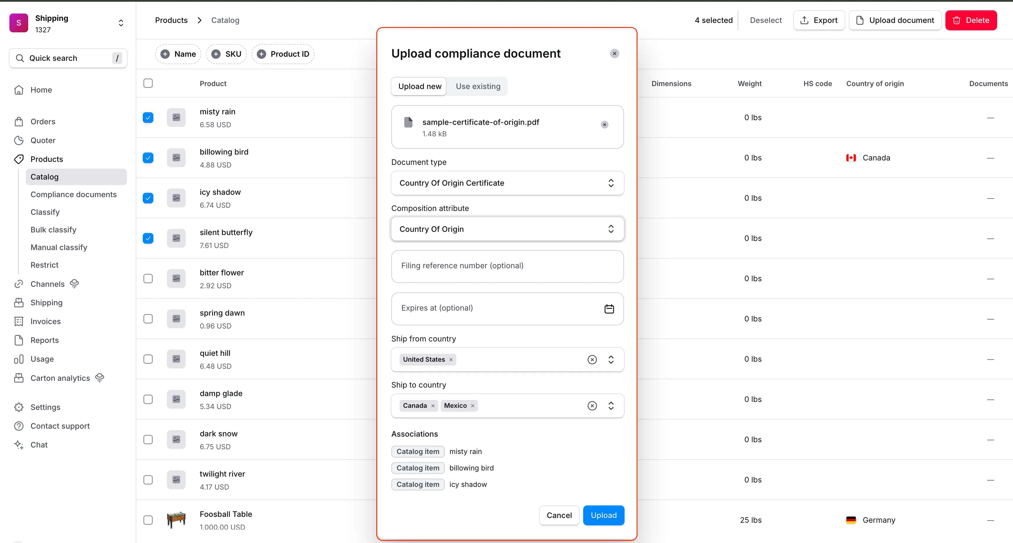 Dialogrutan Upload compliance document som visar dokumenttyp, sammansättningsattribut, utgångsdatum, länder för avsändning och mottagning, samt de valda produktkopplingarna