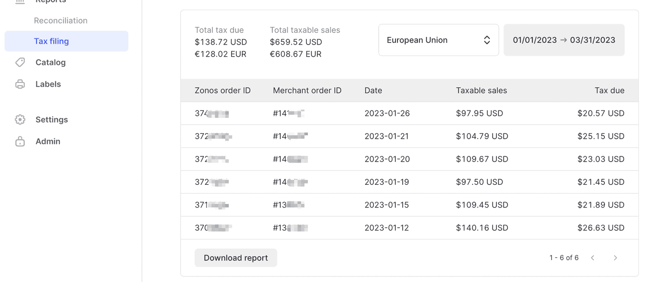 Facilitez la remit avec les rapports de déclaration fiscale dans le Zonos
Dashboard.