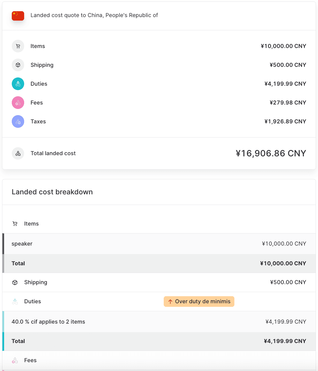 Landed cost devis expédition par coursier au-dessus de de minimis