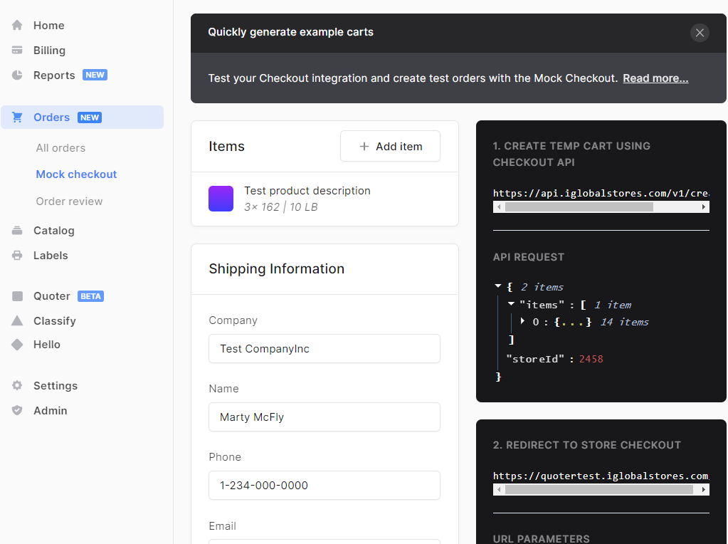 Grafik yang membantu yang menunjukkan fitur mock checkout di dalam Zonos Dashboard.