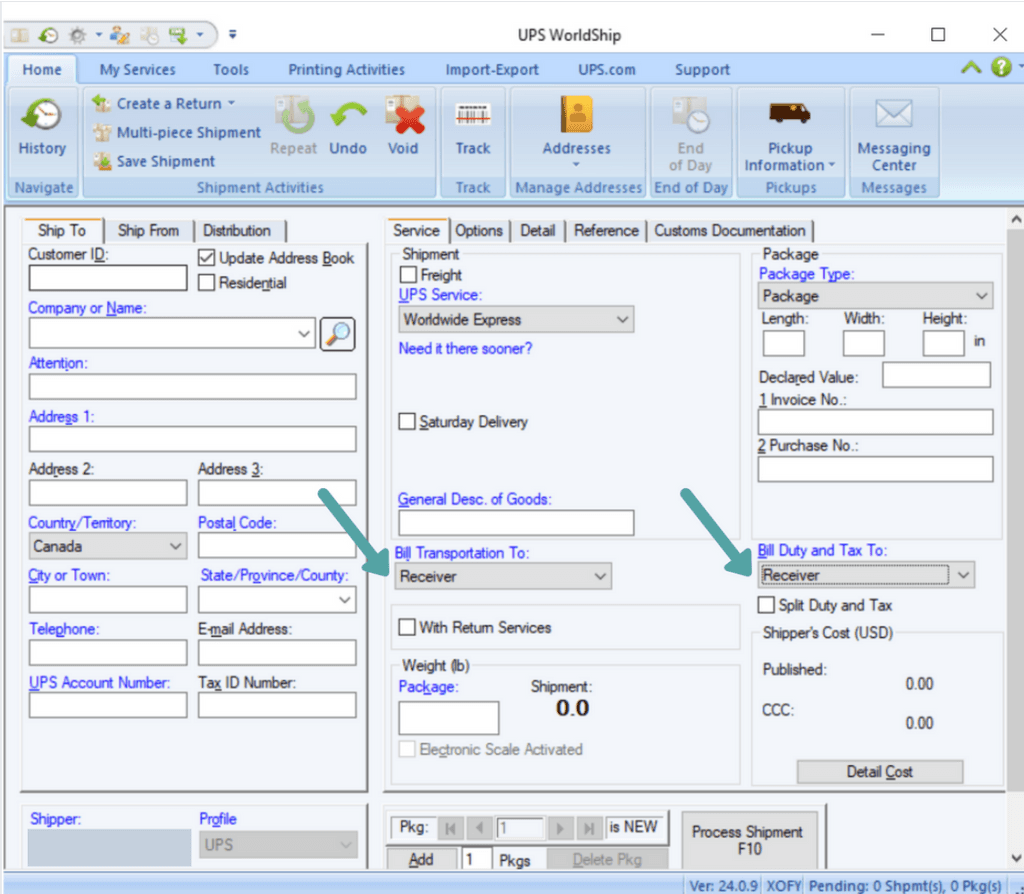 Memilih opsi penagihan Freight Collect di
WorldShip.