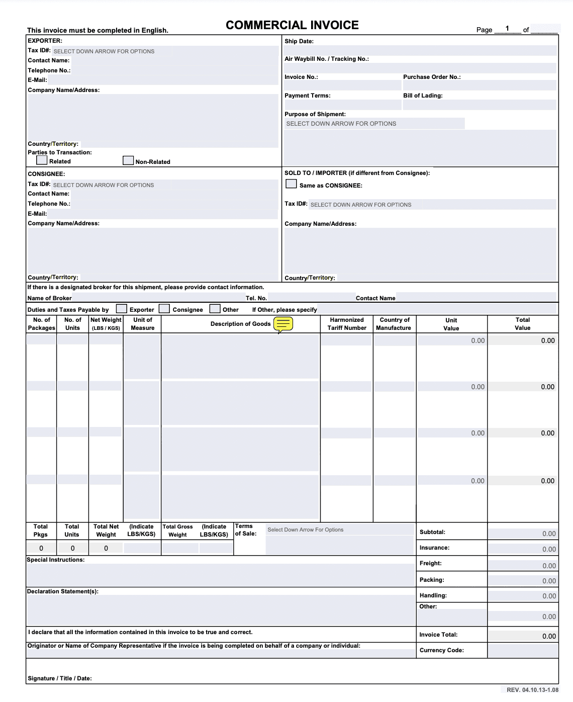 Contoh faktur komersial untuk proses pabean.